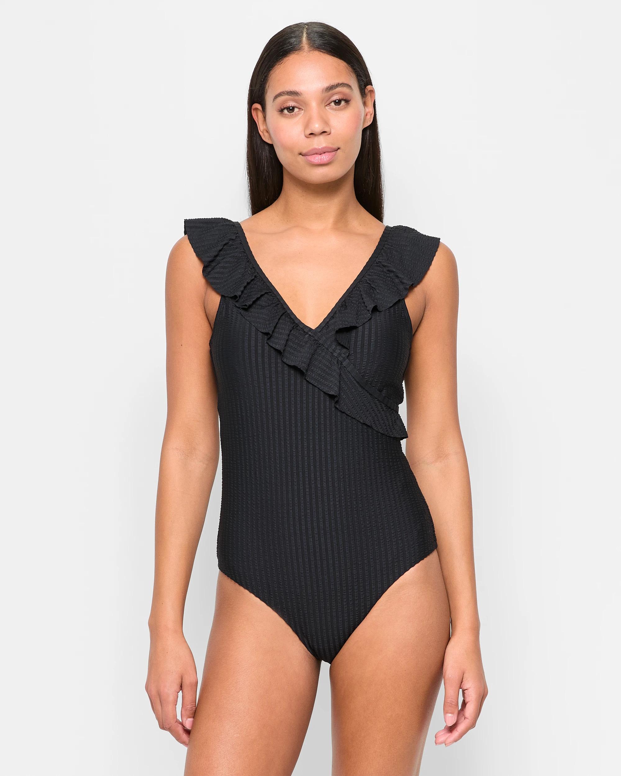 1 Target Resort Seersucker Frill Wrap One Piece Bathers - Shape Your Body BLACK, 1 of 5