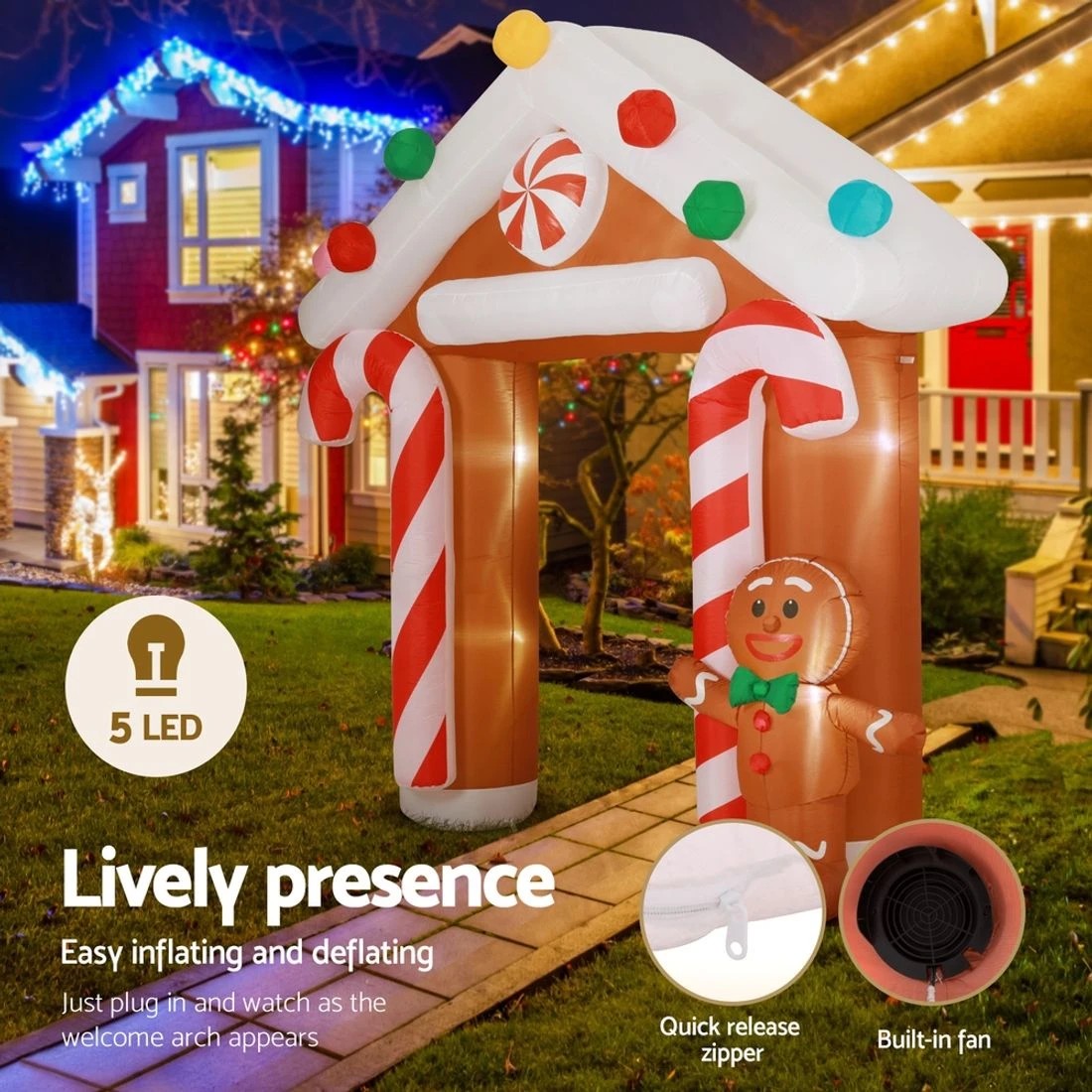 4 Jingle Jollys Christmas Inflatable Archwary Ginger 2.8M Illuminated - Multi, 4 of 6