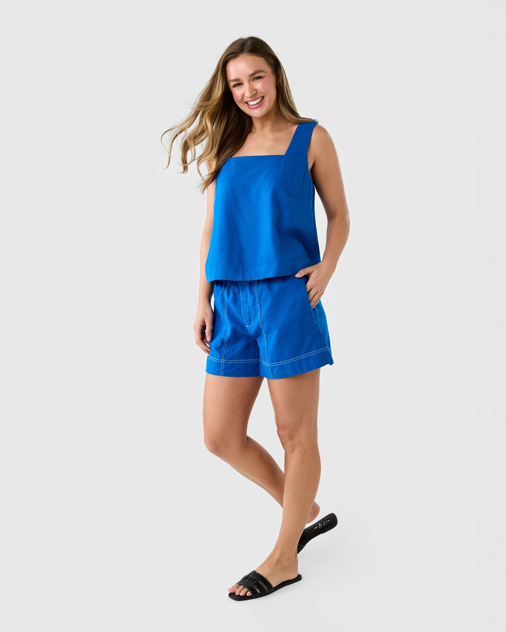 3 Sleeveless Linen Blend Square Neck Tank Sapp Blue, 3 of 7
