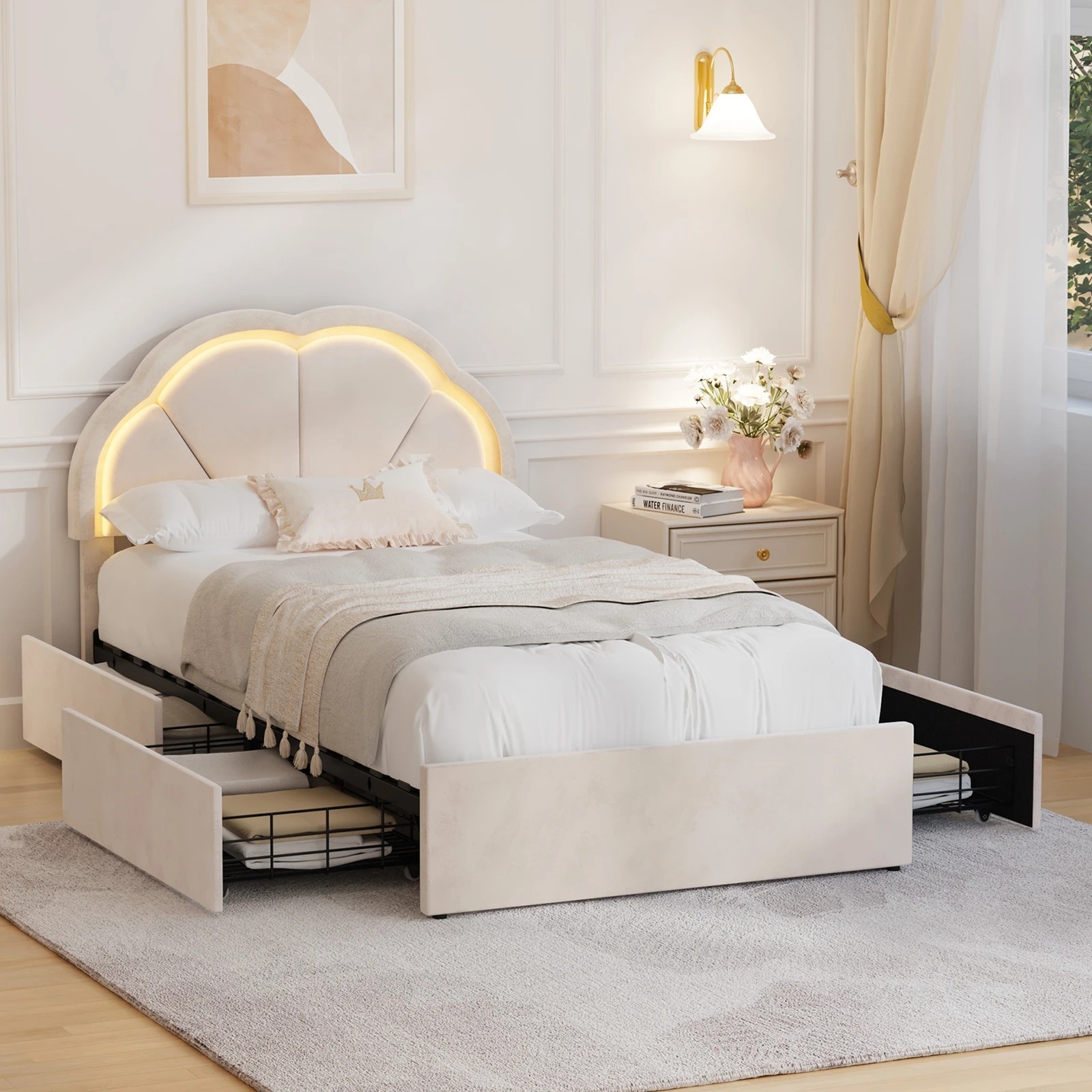 3 Oikiture King Single Size Bed Frame LED Shell Headboard with Drawers - Beige, 3 of 6