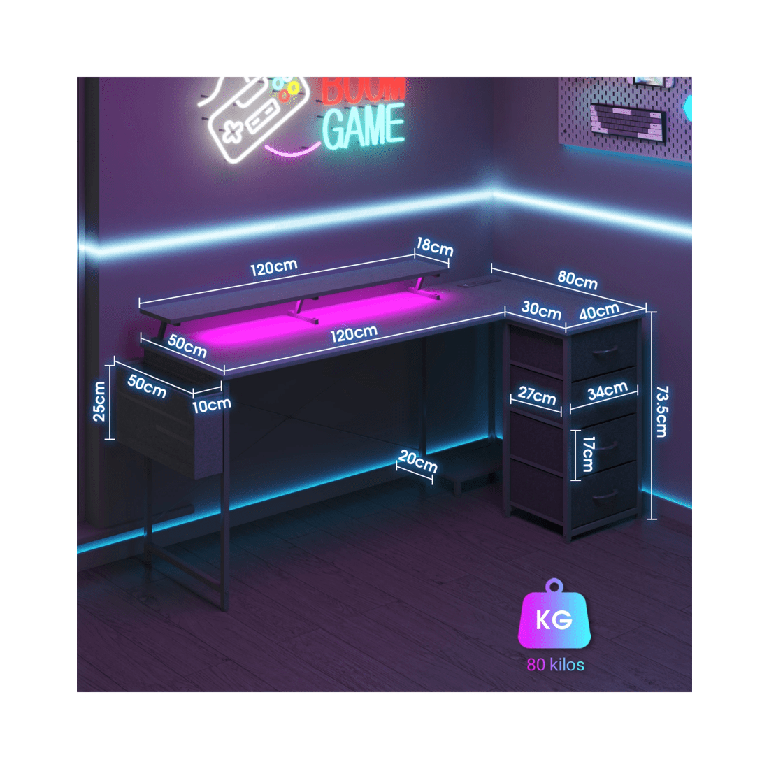 2 Advwin 160cm Black L Shaped Gaming Desk With Led Lights & Power Outlets Convertible Computer Desk With Monitor Stand, 2 of 10