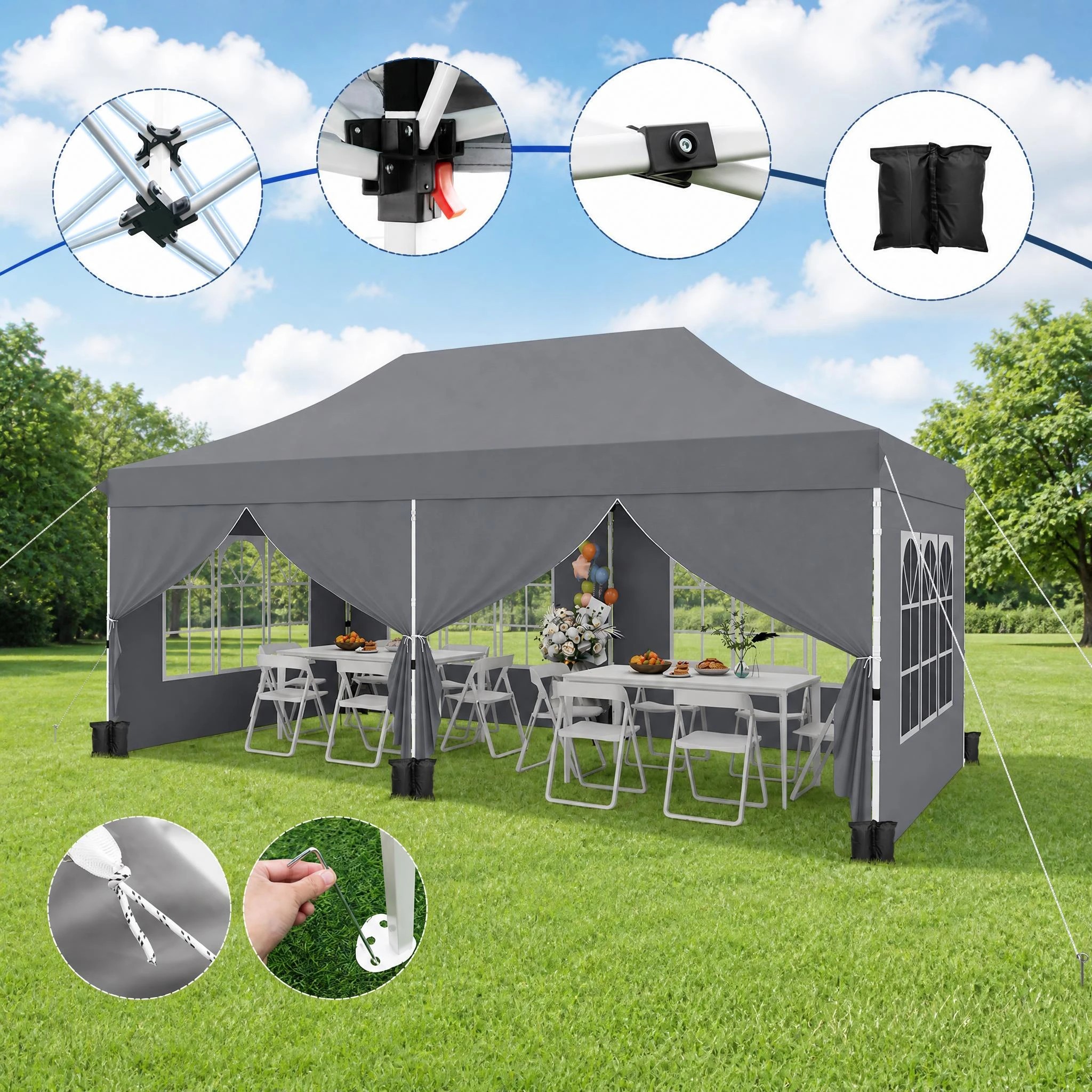 5 Costway Gazebo 3×6m Pop up Marquee UPF50+ Wedding Party Tent Side Wall - Grey, 5 of 9