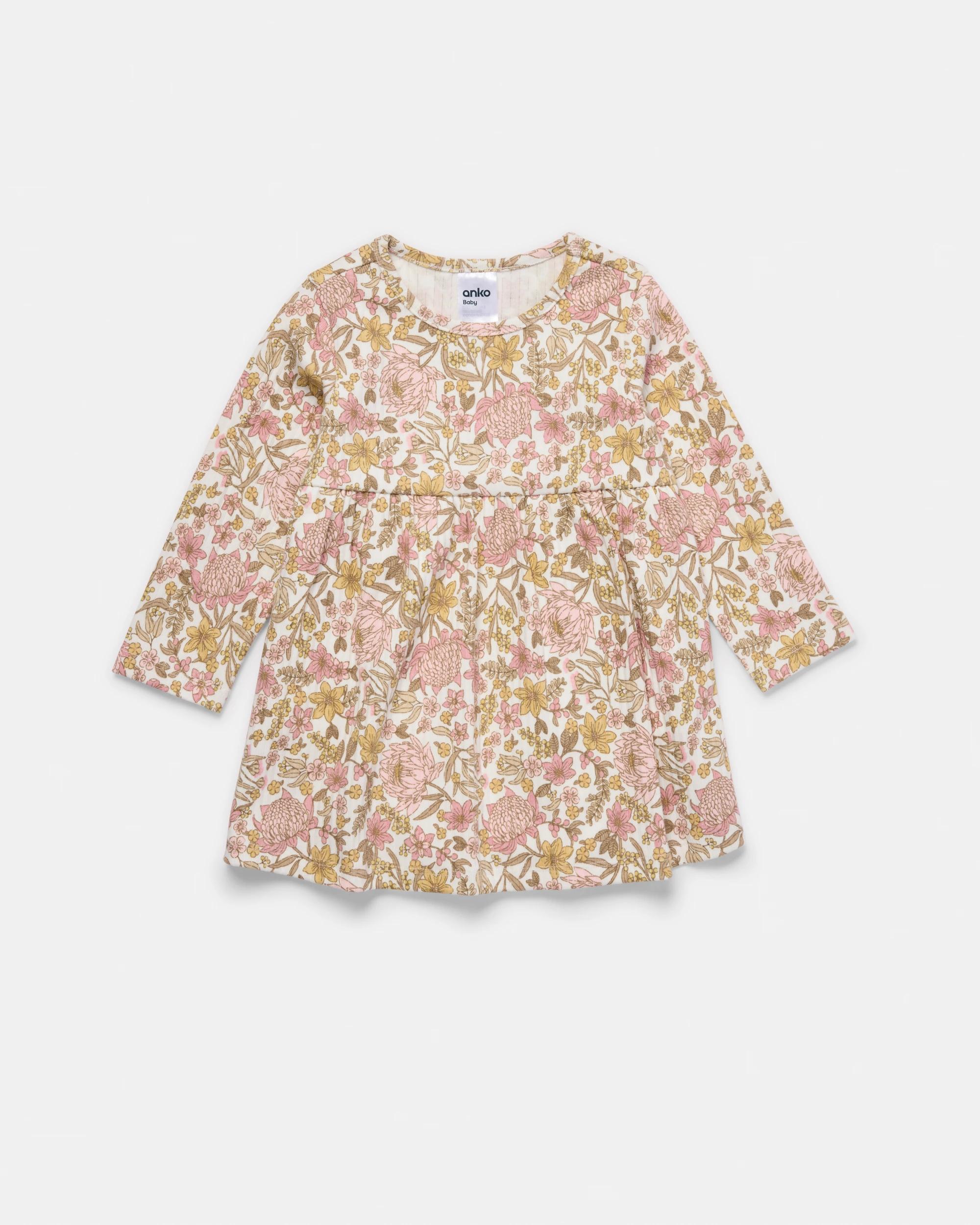 1 Cotton Long Sleeve Crinkle Bodysuit Dress Pnk Flrl, 1 of 3