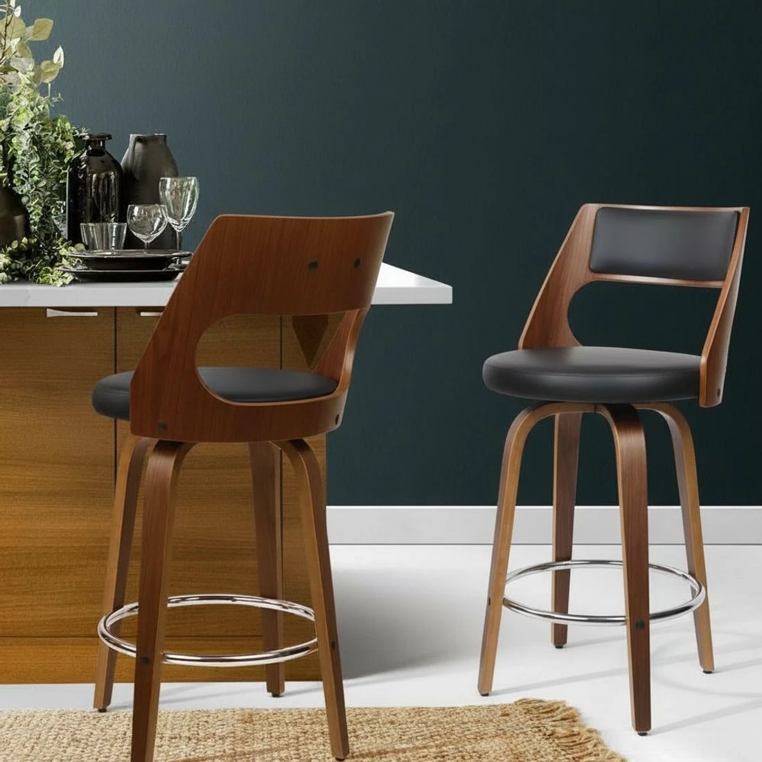 6 Artiss 2x Bar Stools Swivel Leather Chair 65cm - Black, 6 of 8