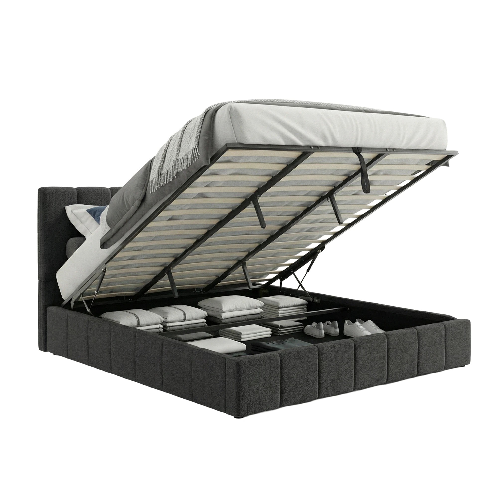 2 Milano Luxe Linear Boucle Gas Lift Bed Frame King Single - Charcoal, 2 of 5