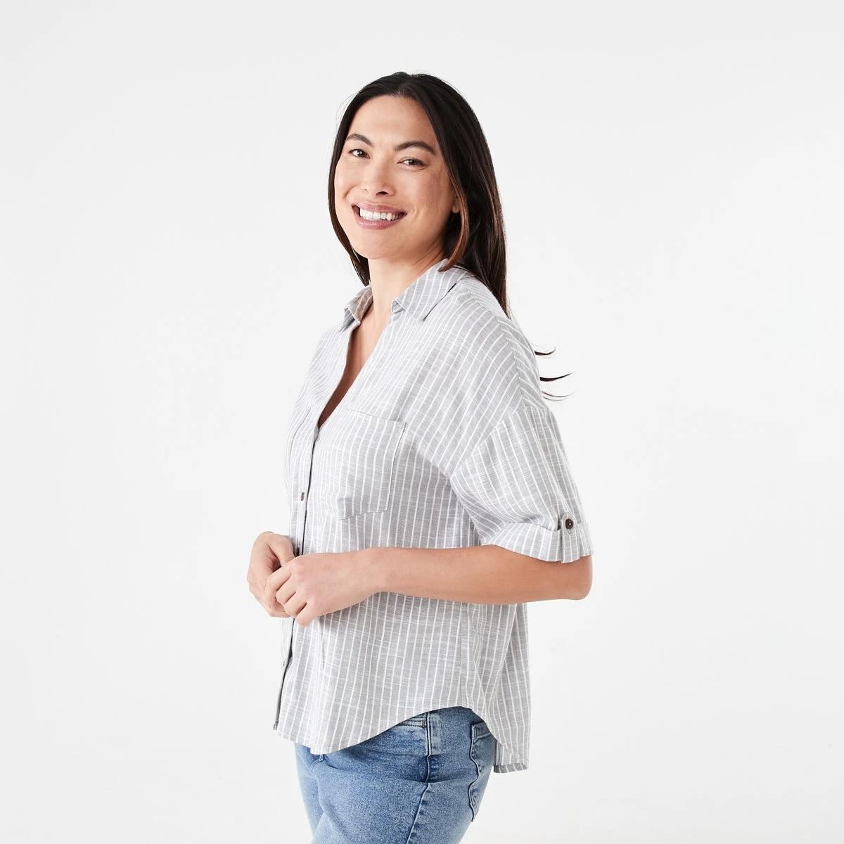 2 Short Sleeve Roll Sleeve Tab Shirt OLIVIA STRIPE LIGHT KHAKI, 2 of 6