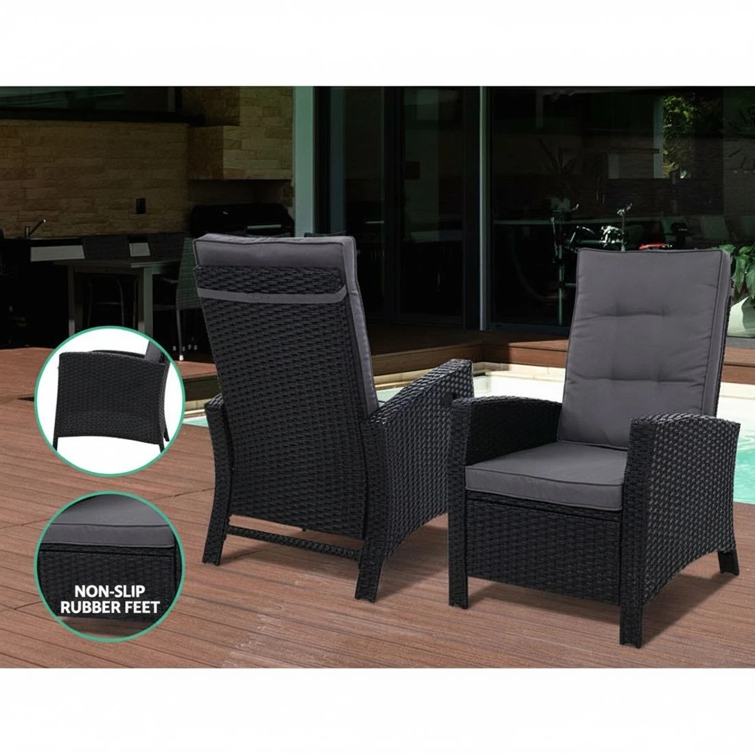 5 Gardeon 3PC Recliner Chairs Table Sun lounge Wicker Outdoor Furniture Adjustable - Black, 5 of 7