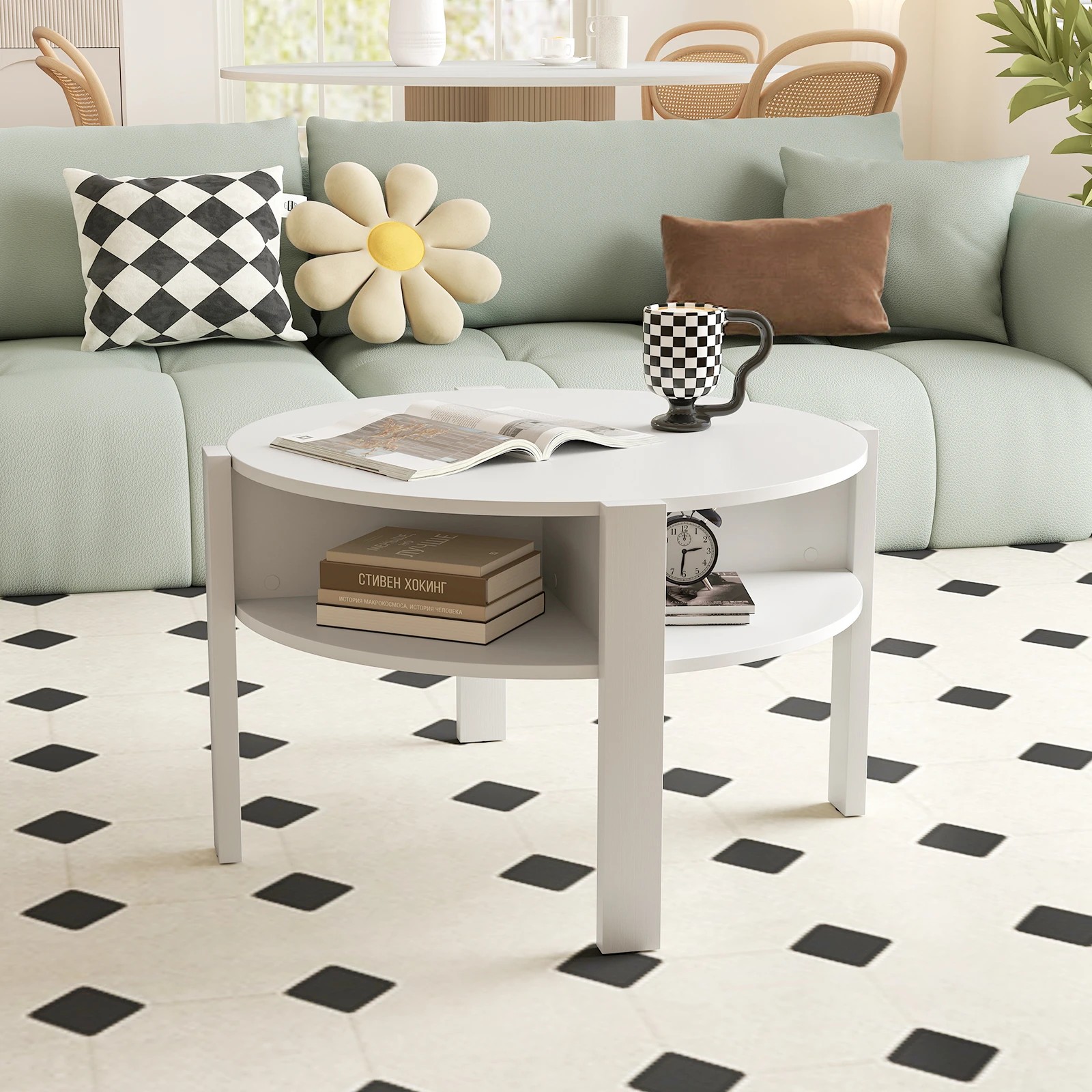 3 Costway 2-Tier Round Coffee Table w/Faux Wooden Top Tea Cocktail Table - White, 3 of 7