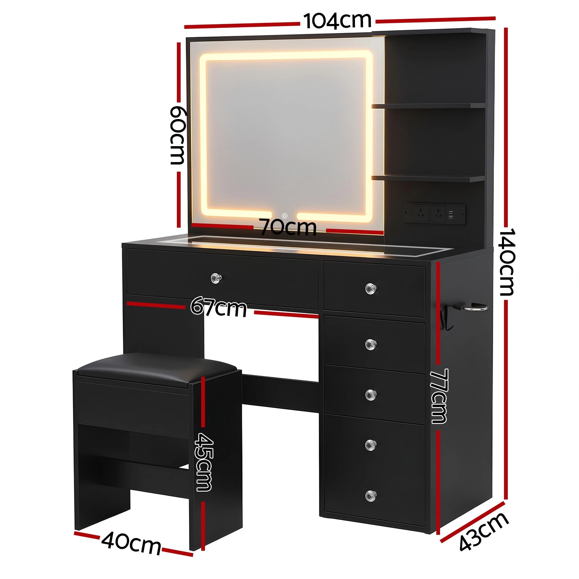 2 Artiss Dressing Table LED Vanity Desk Set Stool Charging Station Mirror - Black, 2 of 9