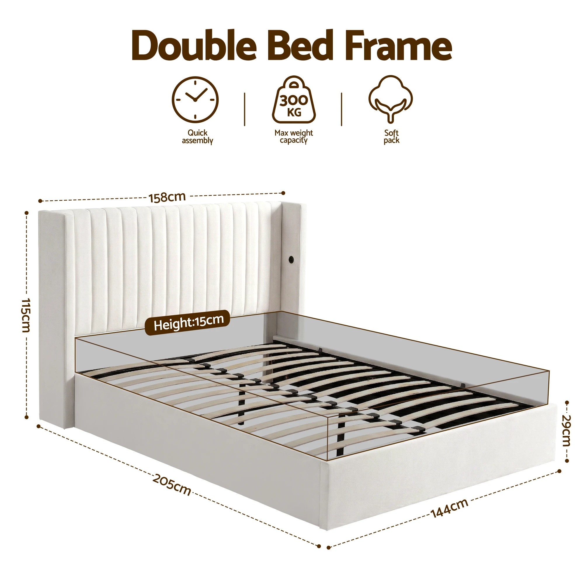 2 Artiss Double Bed Frame with Gaslift Storage USB Type-C Charging Ports Velvet Upholstery - White, 2 of 9