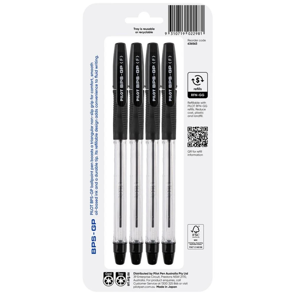 2 PILOT BPS-GP Ballpoint Pen Fine 0.7mm Black 4 Pack, 2 of 8