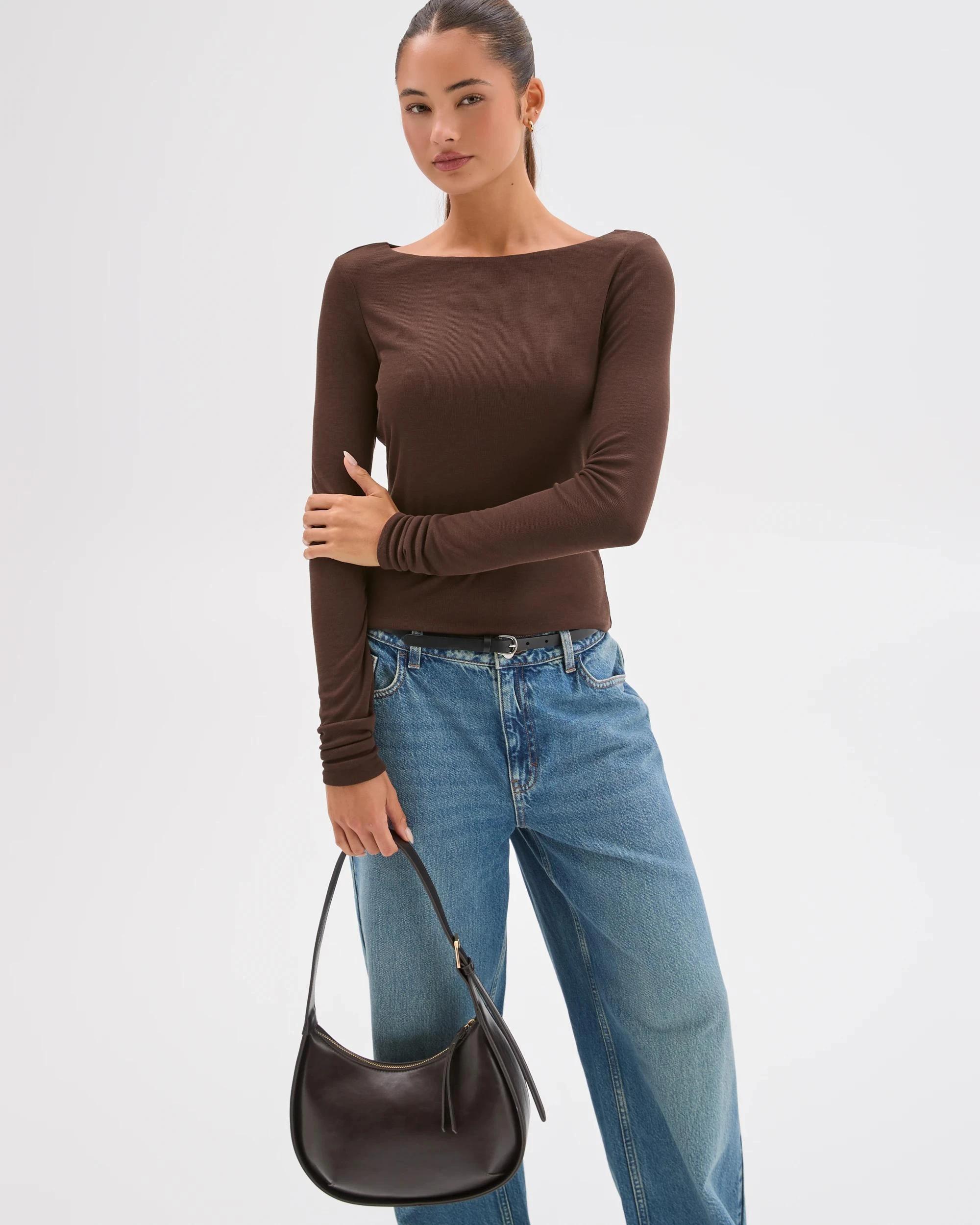 2 Lily Loves Double Layer Boat Neck Long Sleeve Top BROWN, 2 of 7