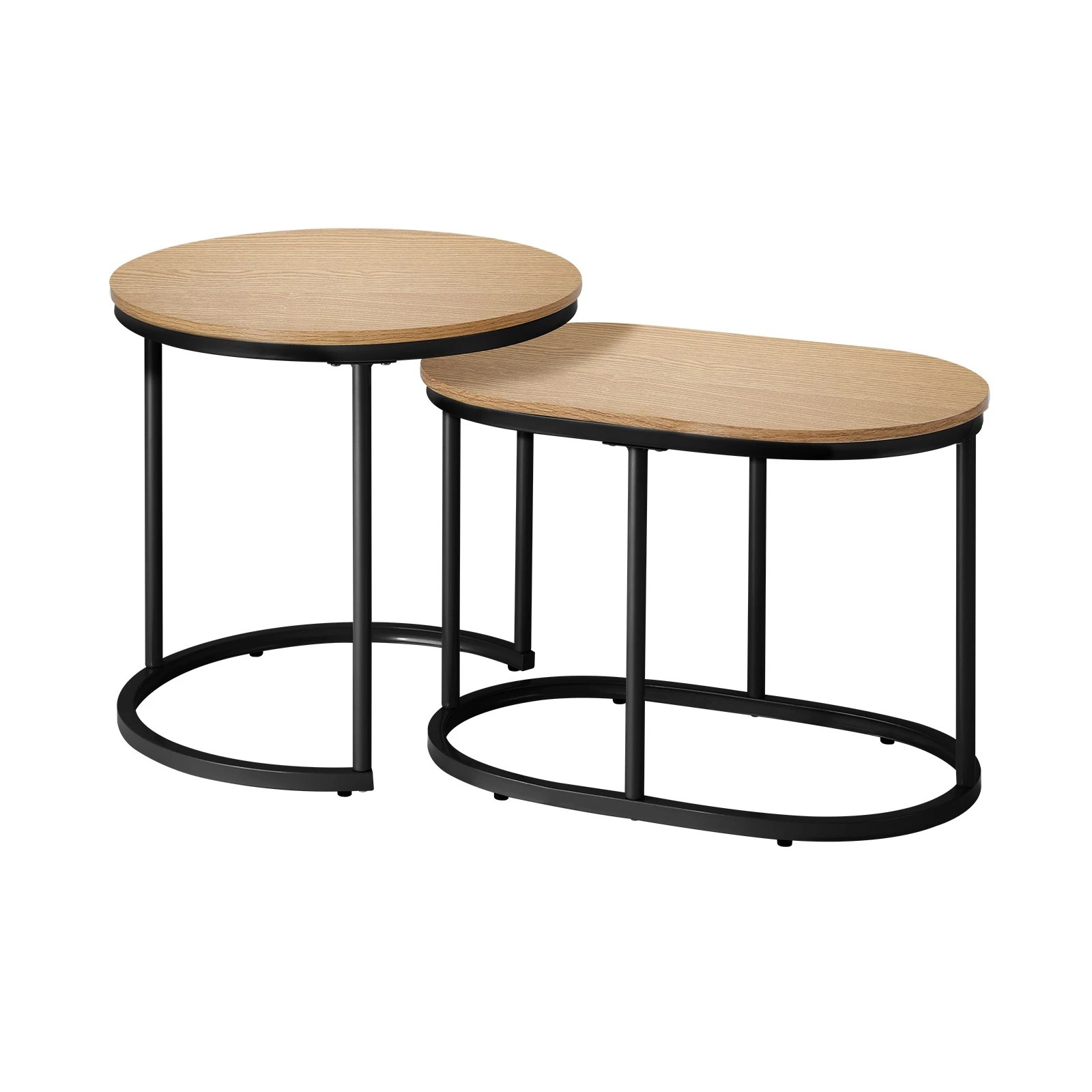 1 Oikiture Set of 2 Coffee Table Round Oval Nesting Side End Tables - Natural, 1 of 9