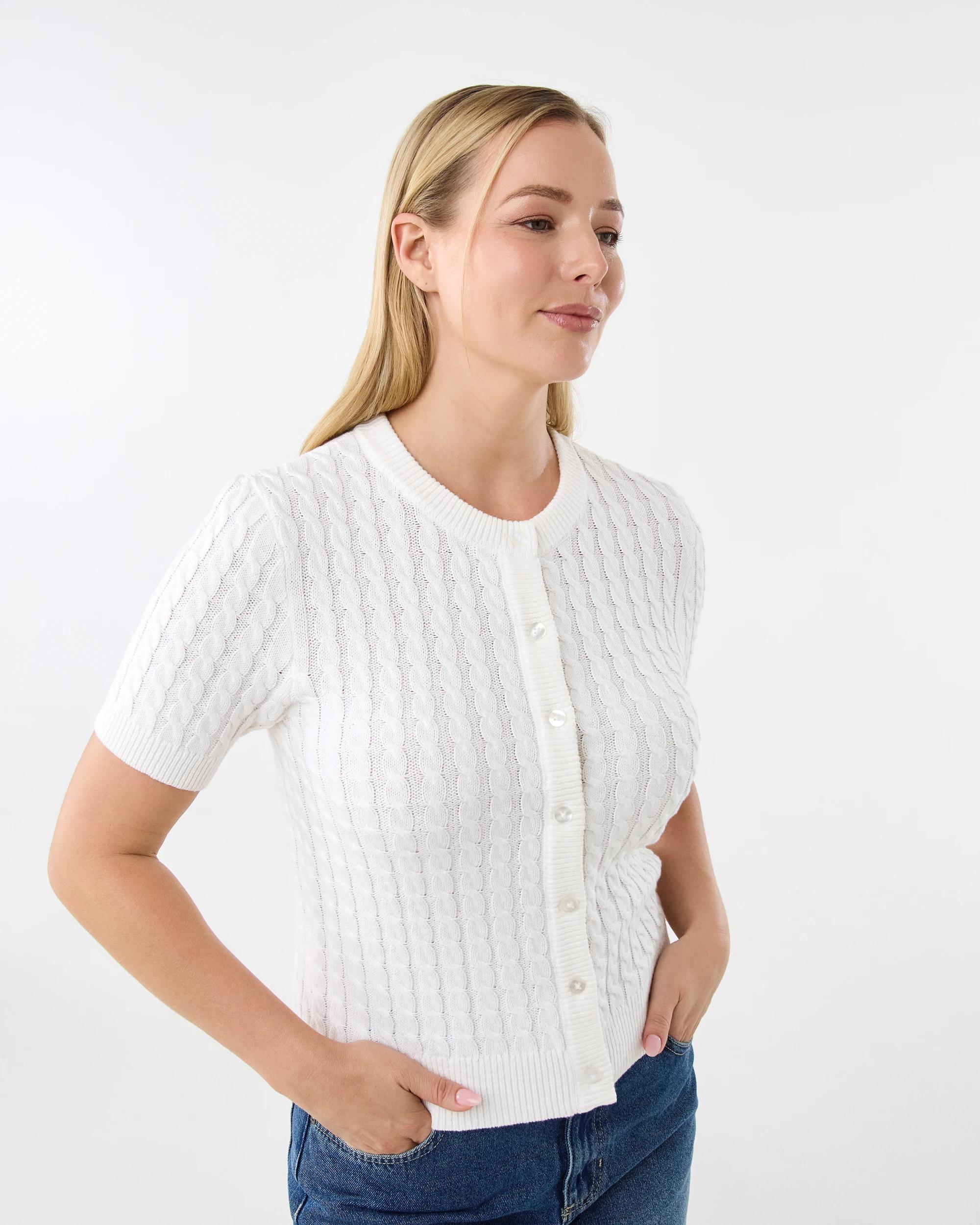 2 Short Sleeve Lightweight Cable Cardigan Cld White, 2 of 7