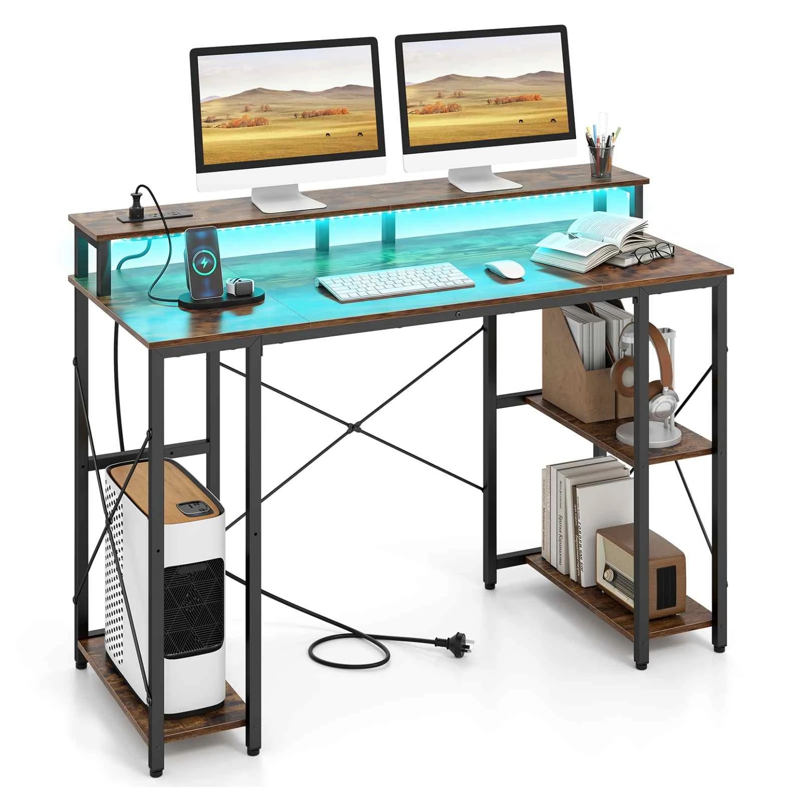 5 Costway 120cm Computer Desk w/Charging Station & LEDs Workstation Gaming Table - Brown, 5 of 5