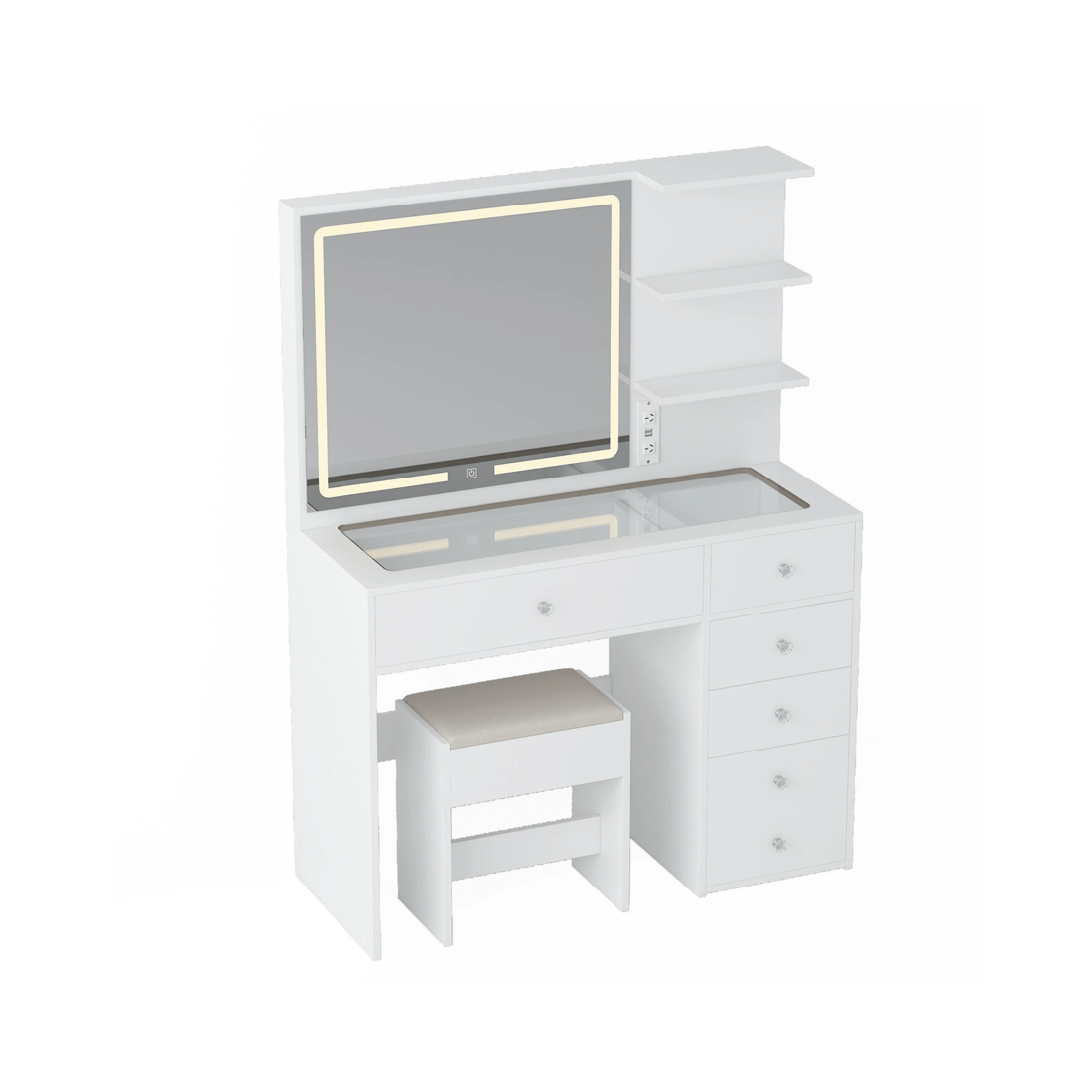 1 Advwin Dressing Table Stool Set Charging Station Lights Glass Tabletop Vanity Desk, 1 of 10