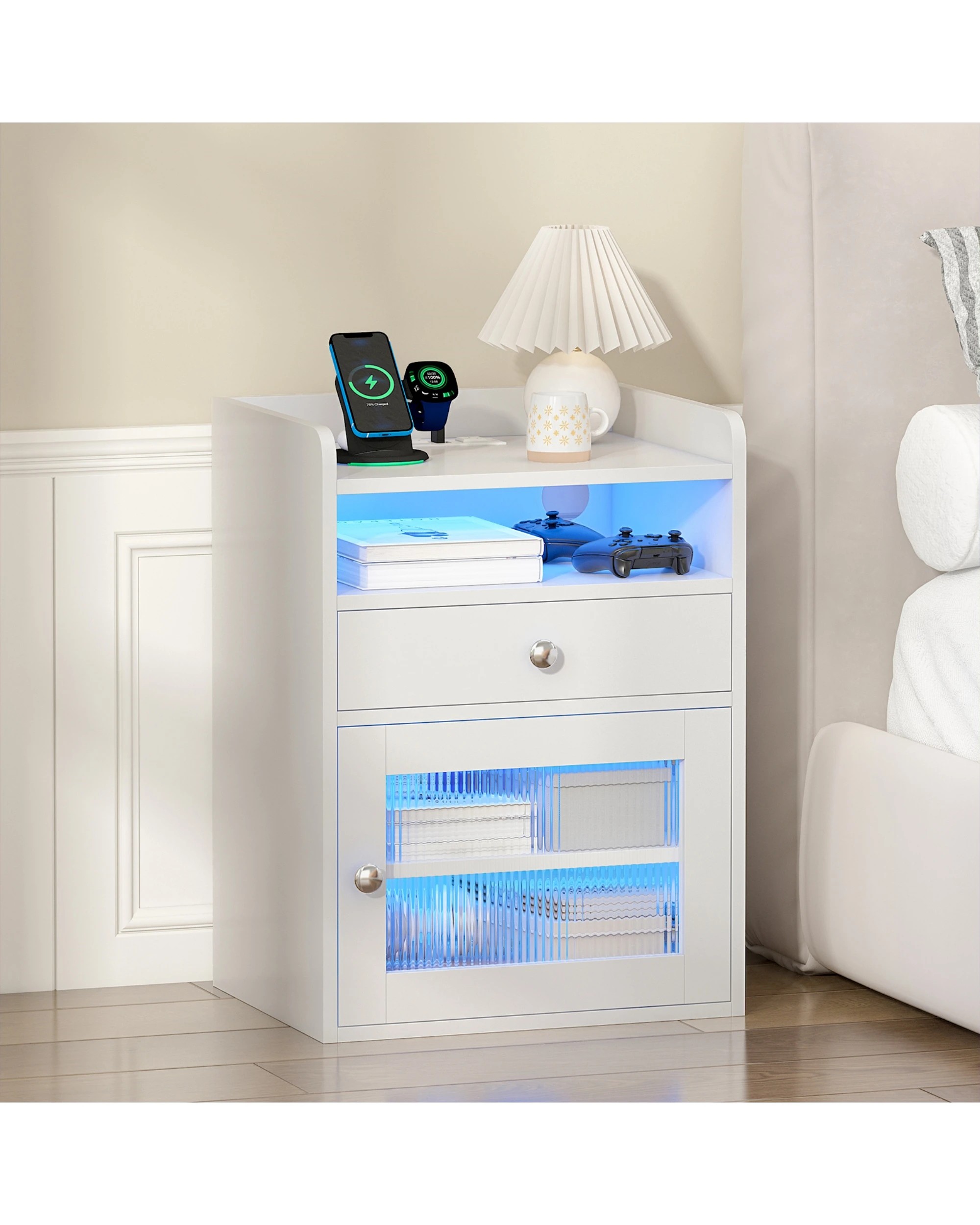 2 Advwin Bedside Table Acrylic Door With with Charging Station & LED Light - White, 2 of 7