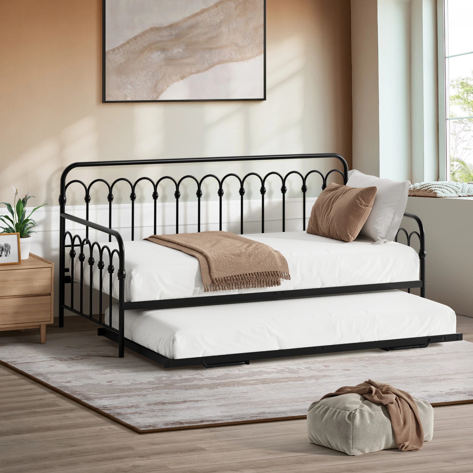 2 Oikiture Trundle Bed Frame Daybed Single Size Base Metal Single Beds X2
 - Black, 2 of 9
