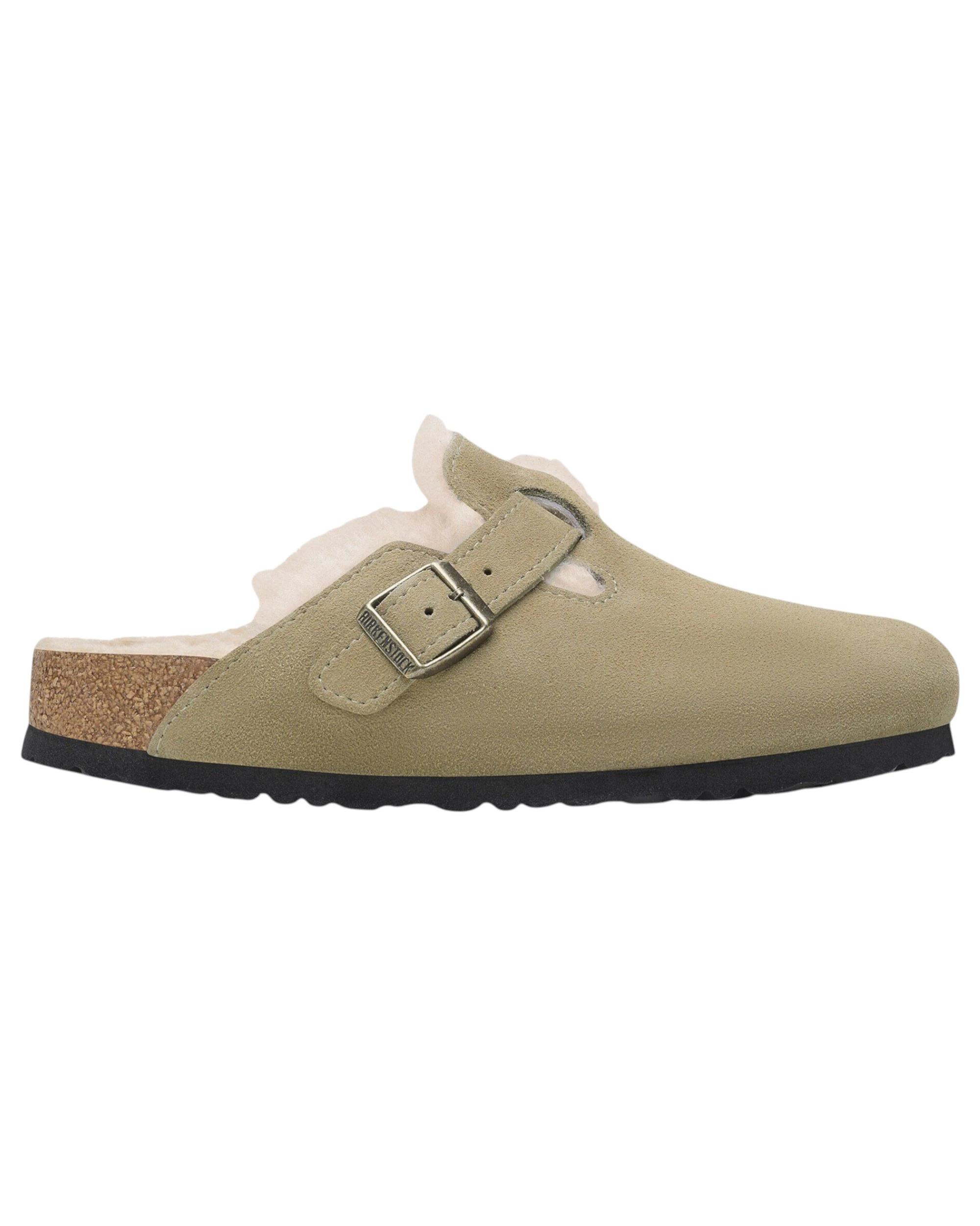 3 Birkenstock Womens Boston Shearling Suede Leather Narrow Slip On Sandals TAUPE, 3 of 8