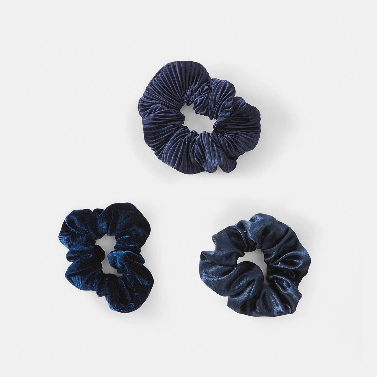 1 3 Pack Textured Hair Scrunchies - Navy Navy, 1 of 5