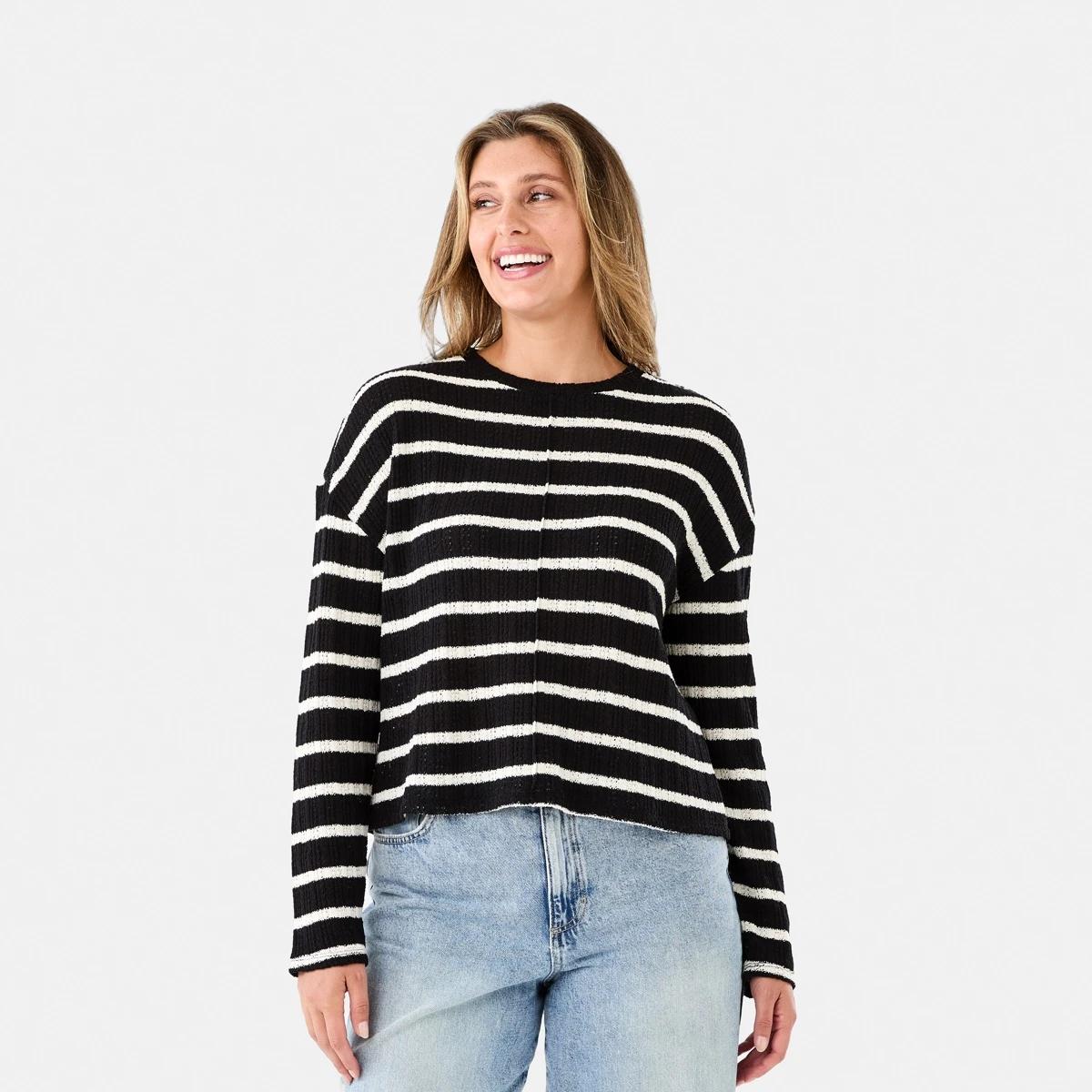 1 Long Sleeve Textured Top Black Strp, 1 of 7