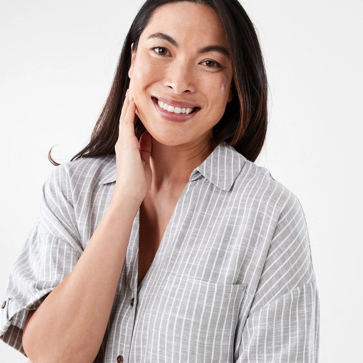 4 Short Sleeve Roll Sleeve Tab Shirt OLIVIA STRIPE LIGHT KHAKI, 4 of 6