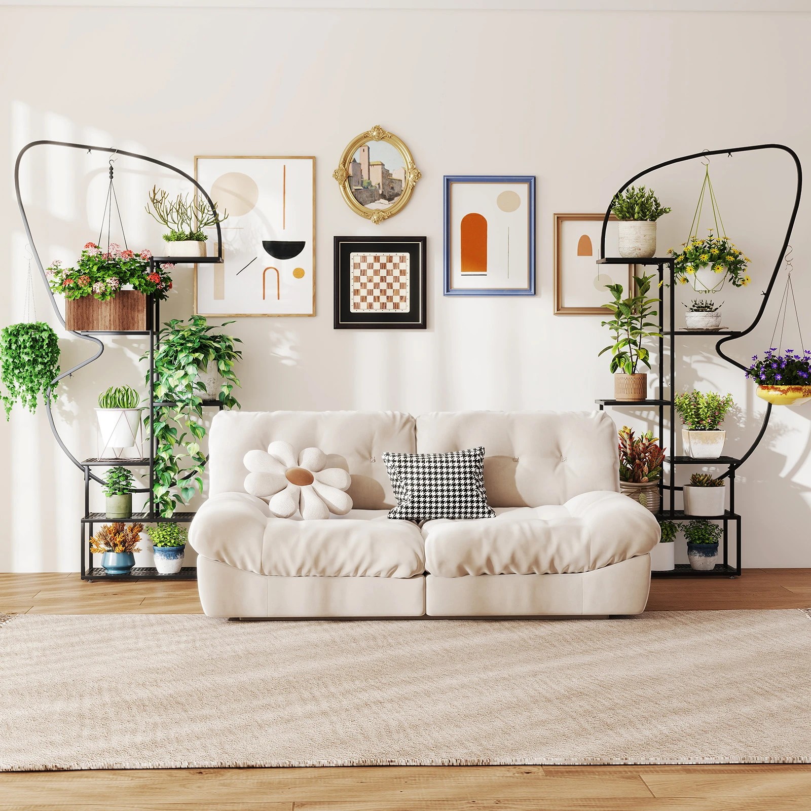 3 Costway 6 Tier Butterfly-Shaped Flower Rack Metal Plant Stand Pot Shelf w/Mesh Boards Hooks, 3 of 4