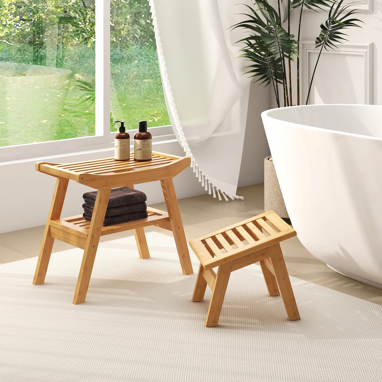 1 Costway Bamboo Shower Seat Chair Bench Wood Foot Stool Set w/Storage Shelf, 1 of 2