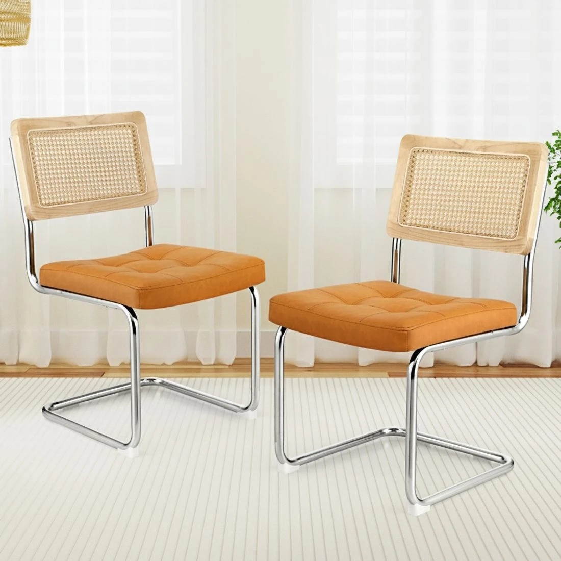 4 Artiss Dining Chairs Set of 4 PU Leather Rattan Cantilever - Multi, 4 of 6