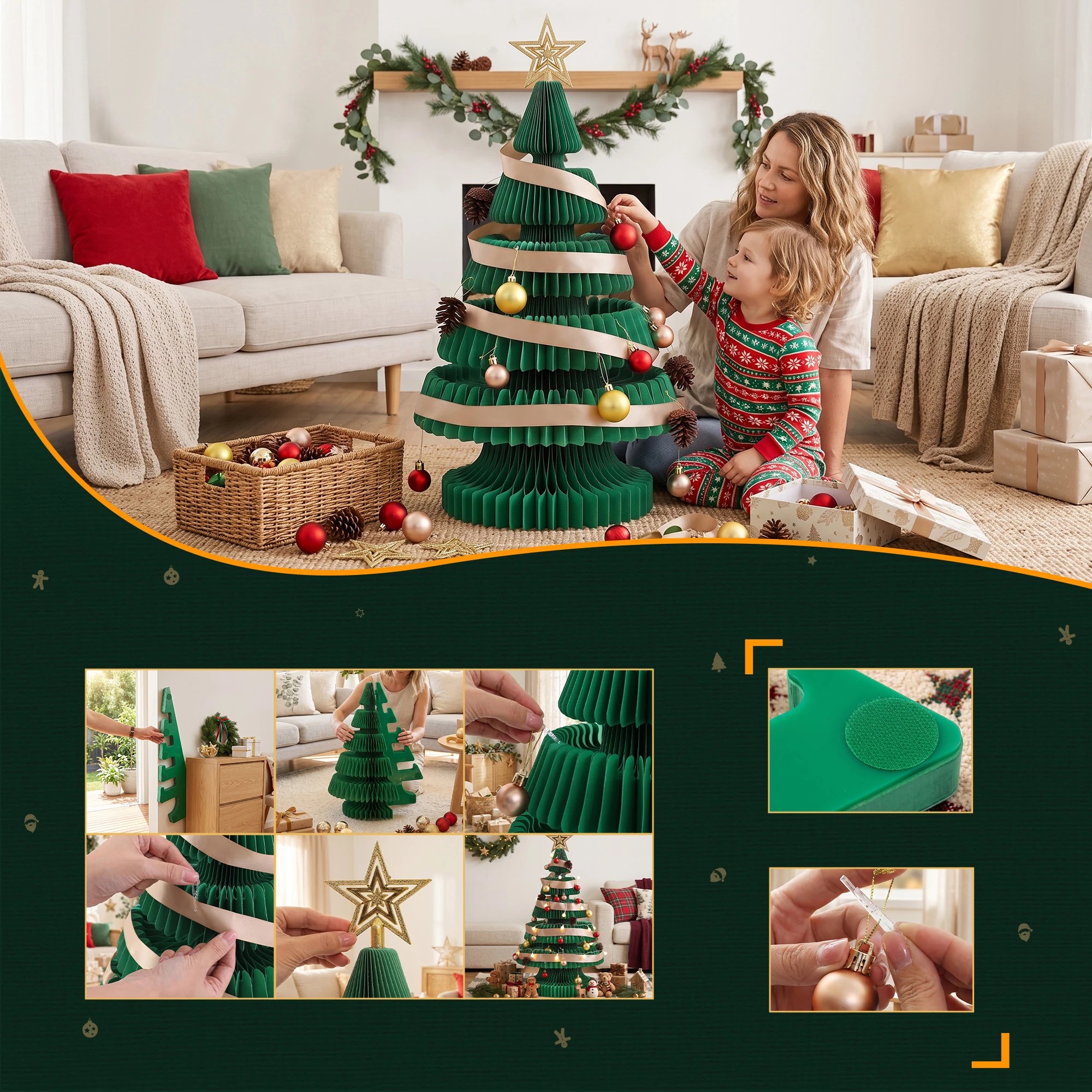7 Jingle Jollys Paper Christmas Tree Foldable 87CM w/ Star Topper LEDs Xmas Decoration Kit - Green, 7 of 9
