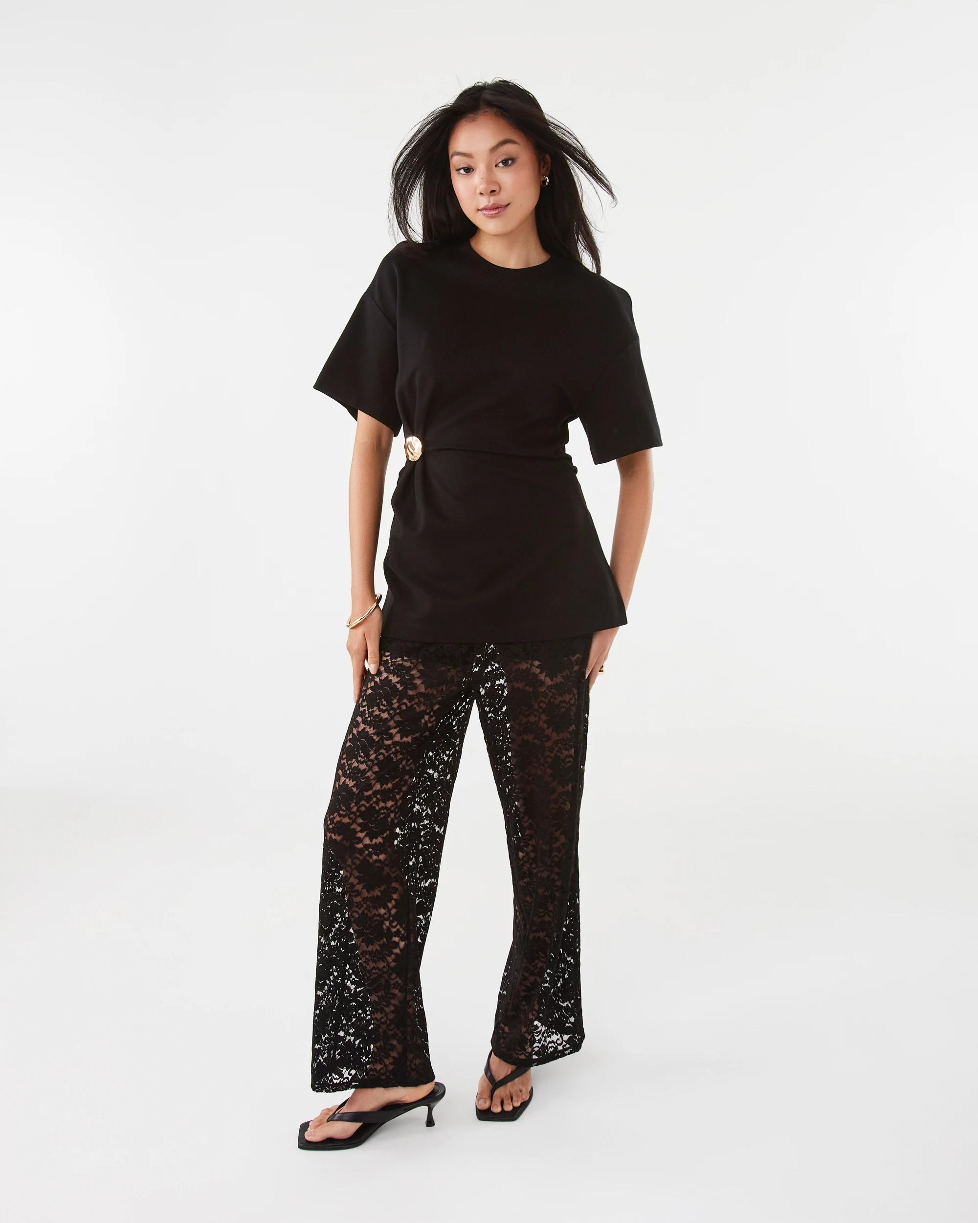 2 Short Sleeve Knit Mesh Gold Detail Maxi Dress Black, 2 of 7