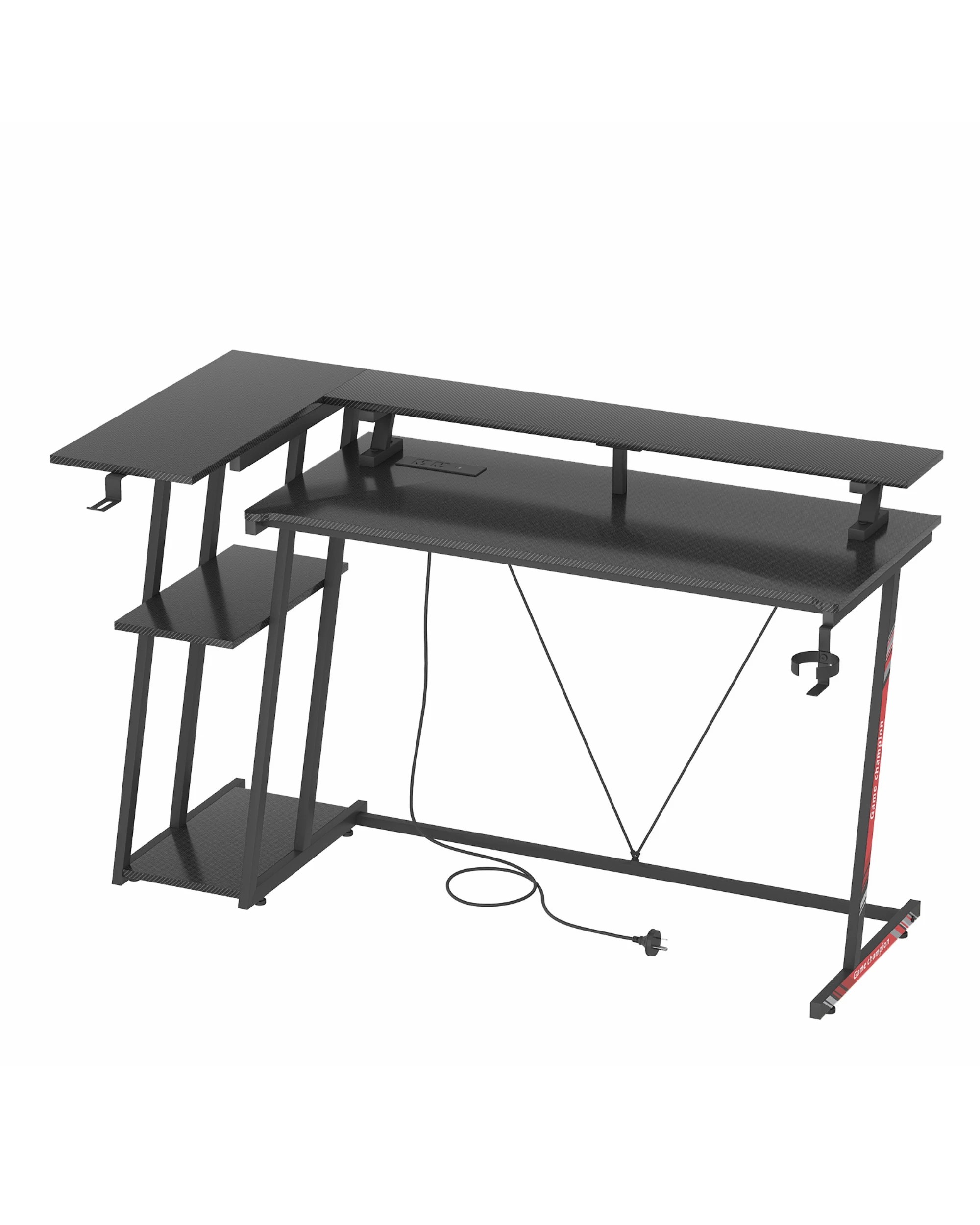 7 Advwin 140cm L Shaped Gaming Desk with LED Lights & Power Outlets Reversible Storage Shelf - Black, 7 of 9