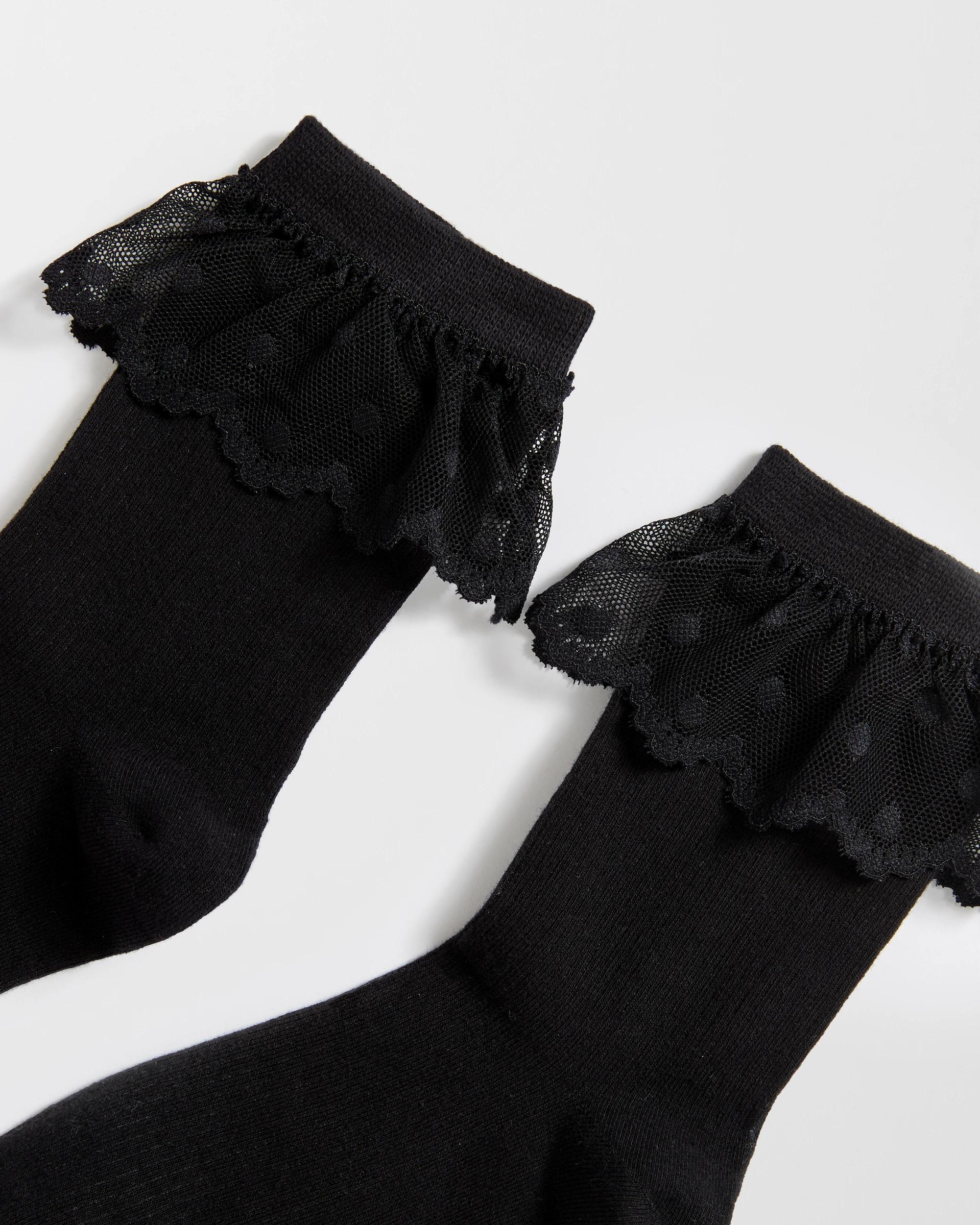 2 Target Australian Cotton Blend Womens Lace Trim Quarter Crew Fashion Socks BLACK, 2 of 3