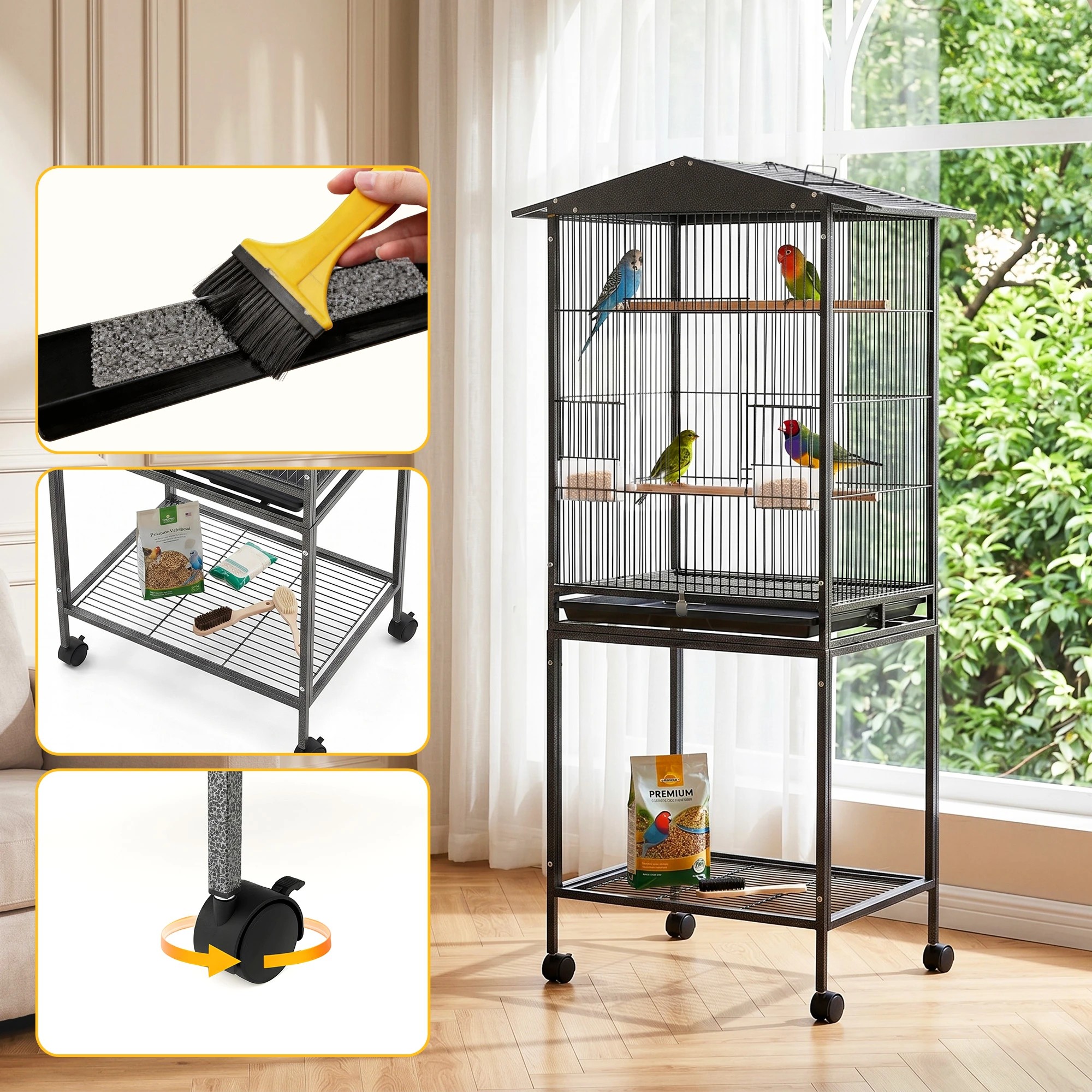 7 i.Pet 136cm Bird Cage Aviary Open Top Parrot Budgie Stand Wheels Black - Black, 7 of 8