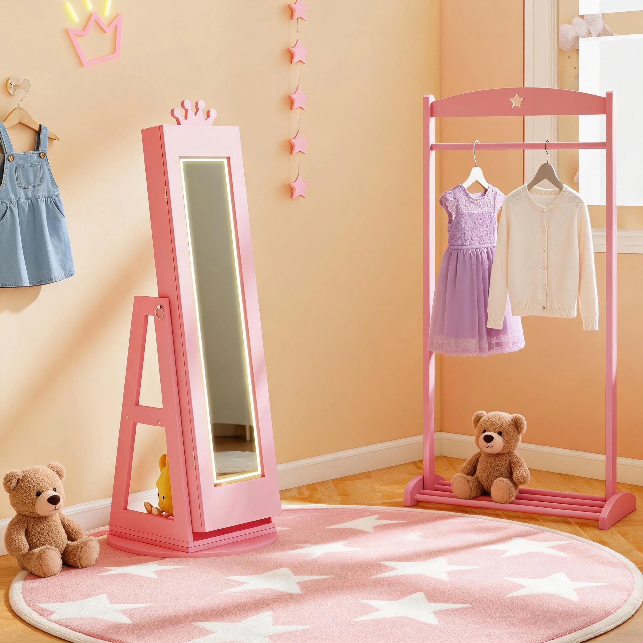9 Costway Swivel Mirror Jewellery Cabinet Jewelry Organizer Standing Box Princess Armoire - Pink, 9 of 9