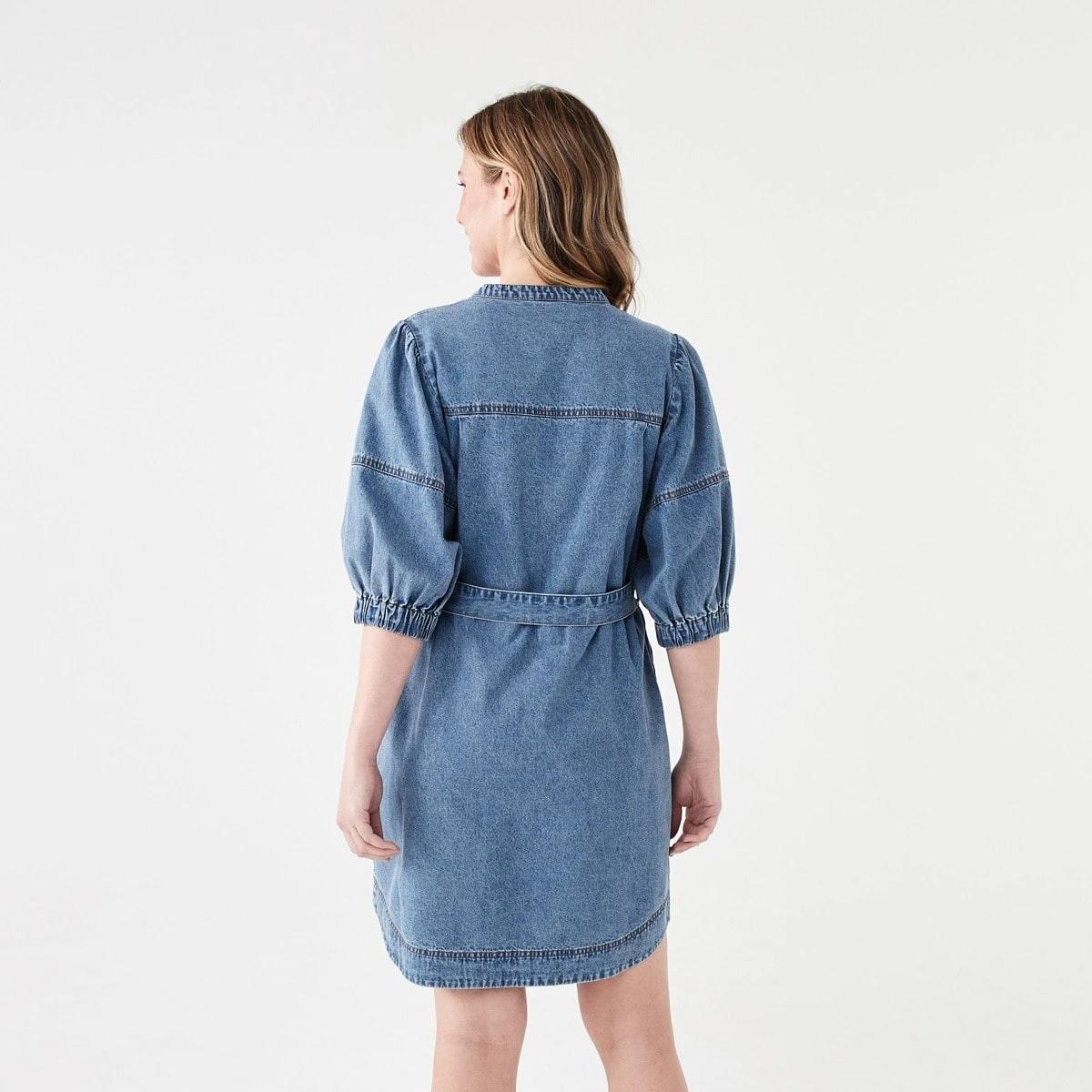 3 Short Sleeve Denim Puff Sleeve Mini Dress LIGHT DENIM WASH, 3 of 6