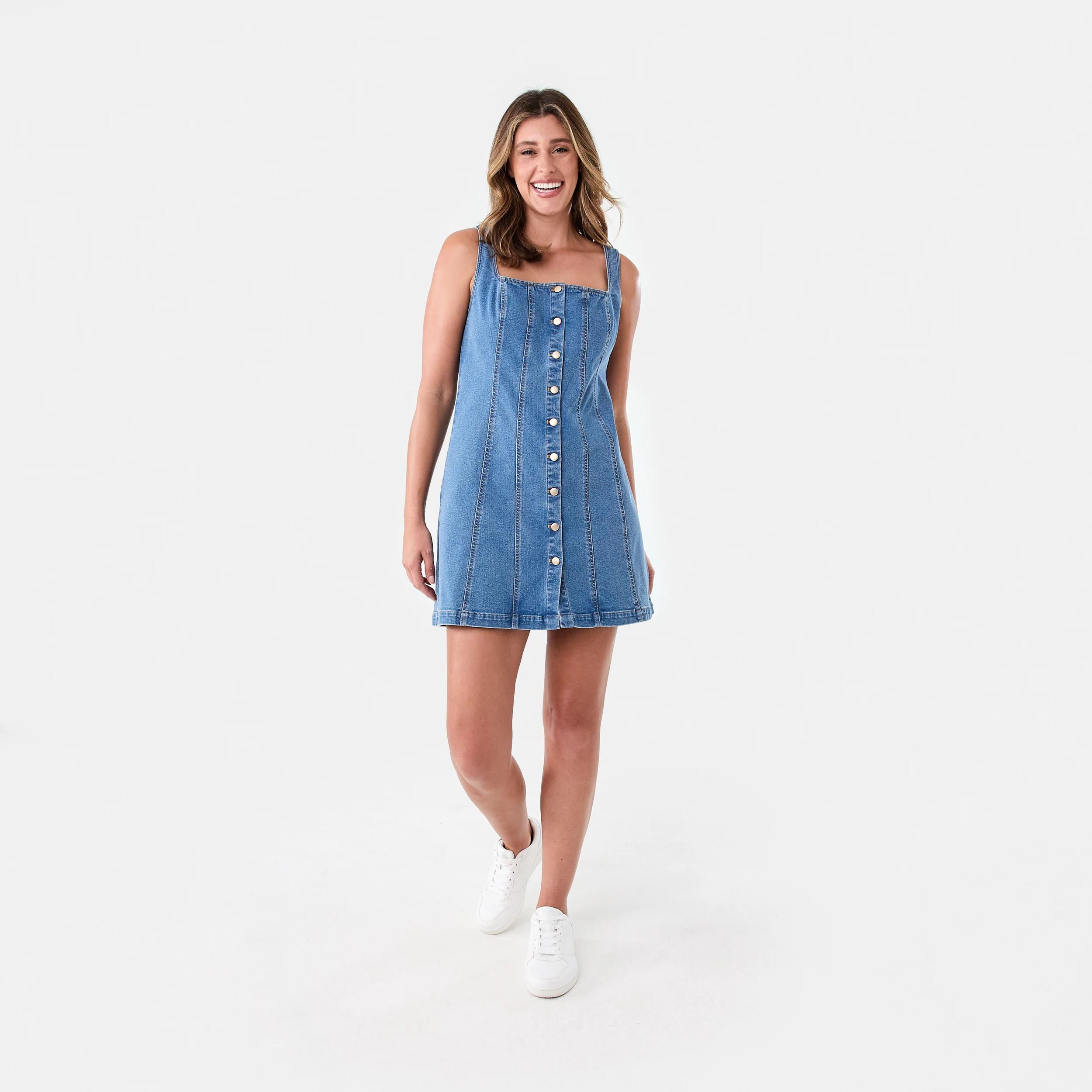 7 Sleeveless Square Neck Denim Mini Dress Mid Wash, 7 of 7