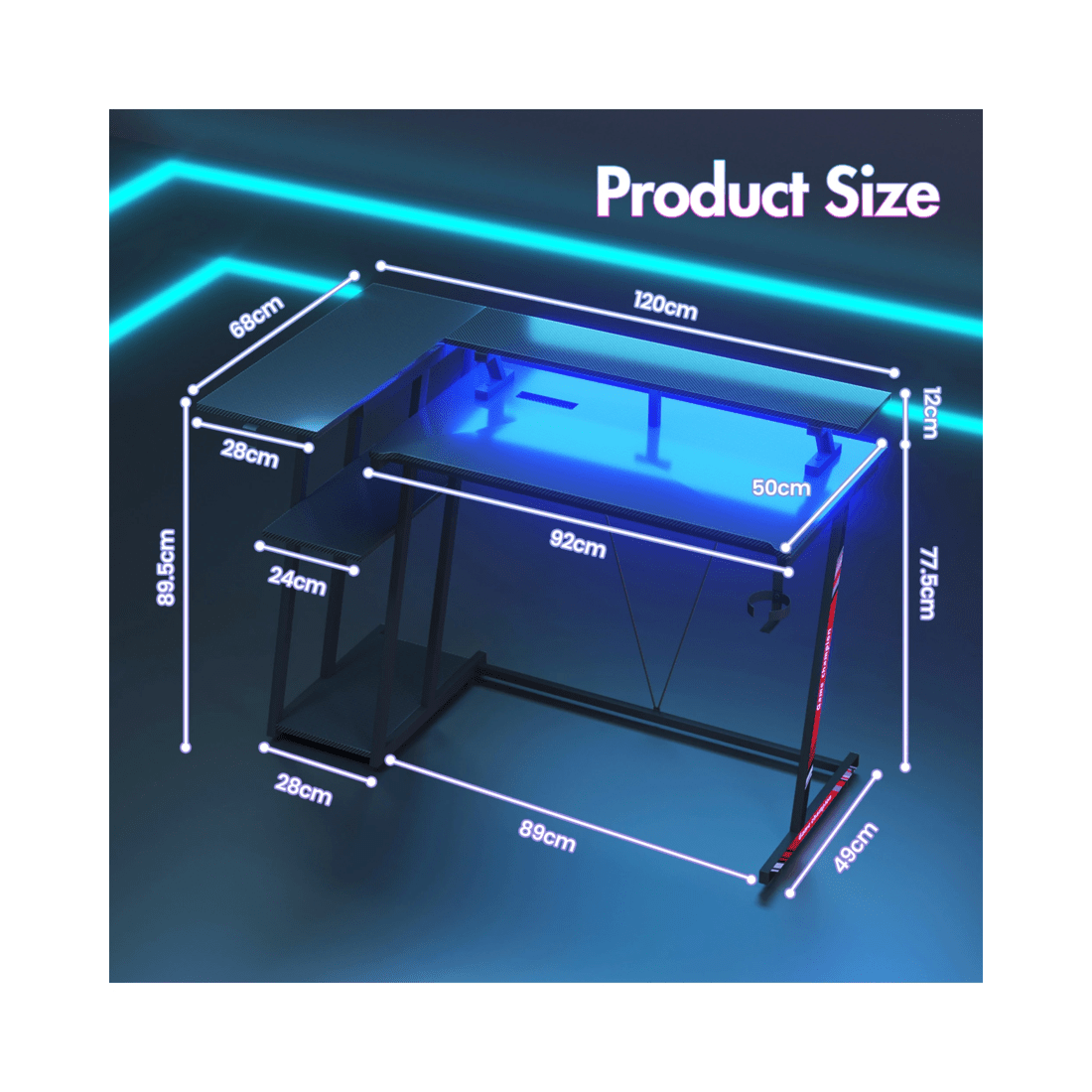 2 Advwin L Shaped Gaming Desk With Led Lights & Power Outlets 120cm - Black, 2 of 10