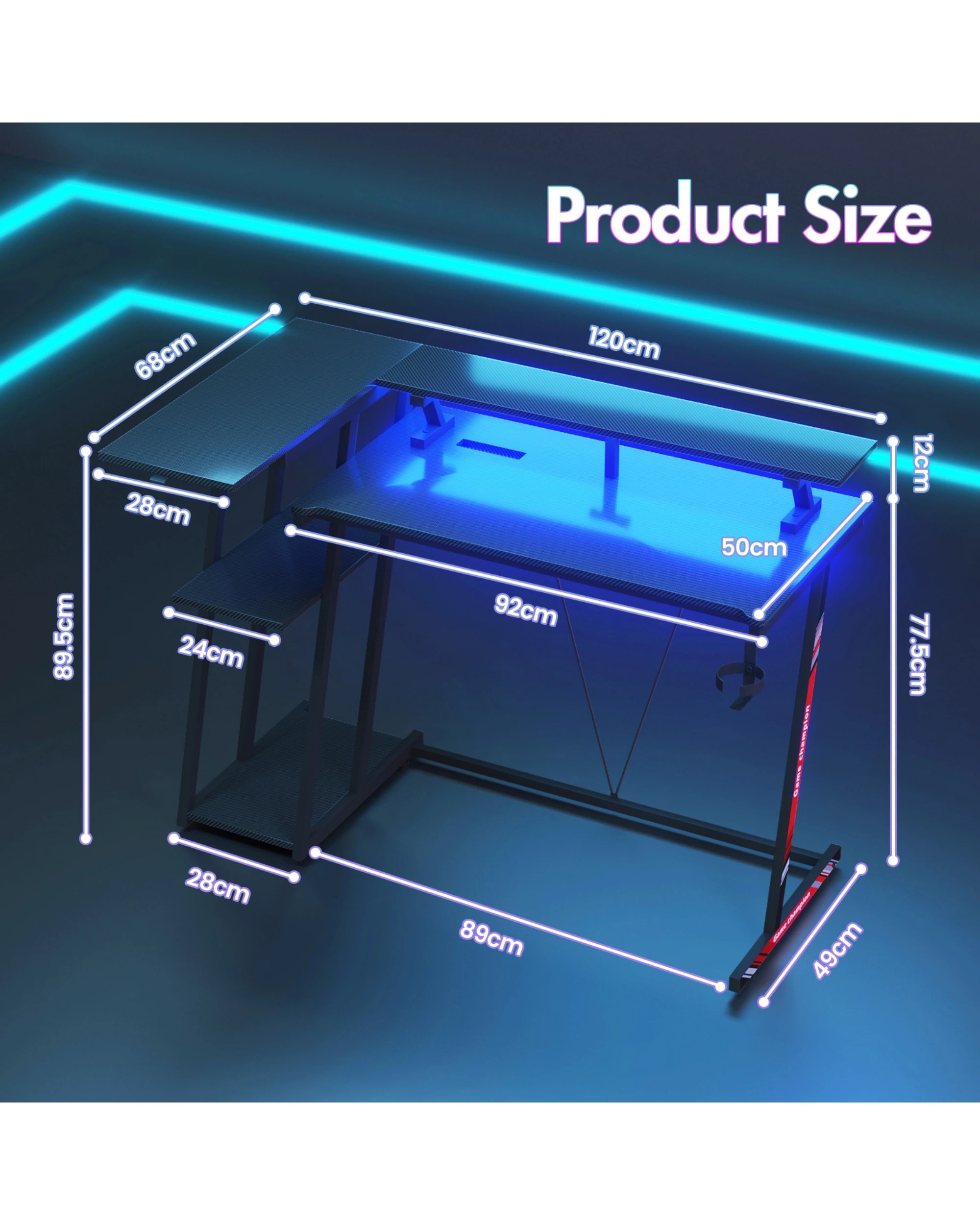 2 Advwin L Shaped Gaming Desk With Led Lights & Power Outlets 120cm - Black, 2 of 9