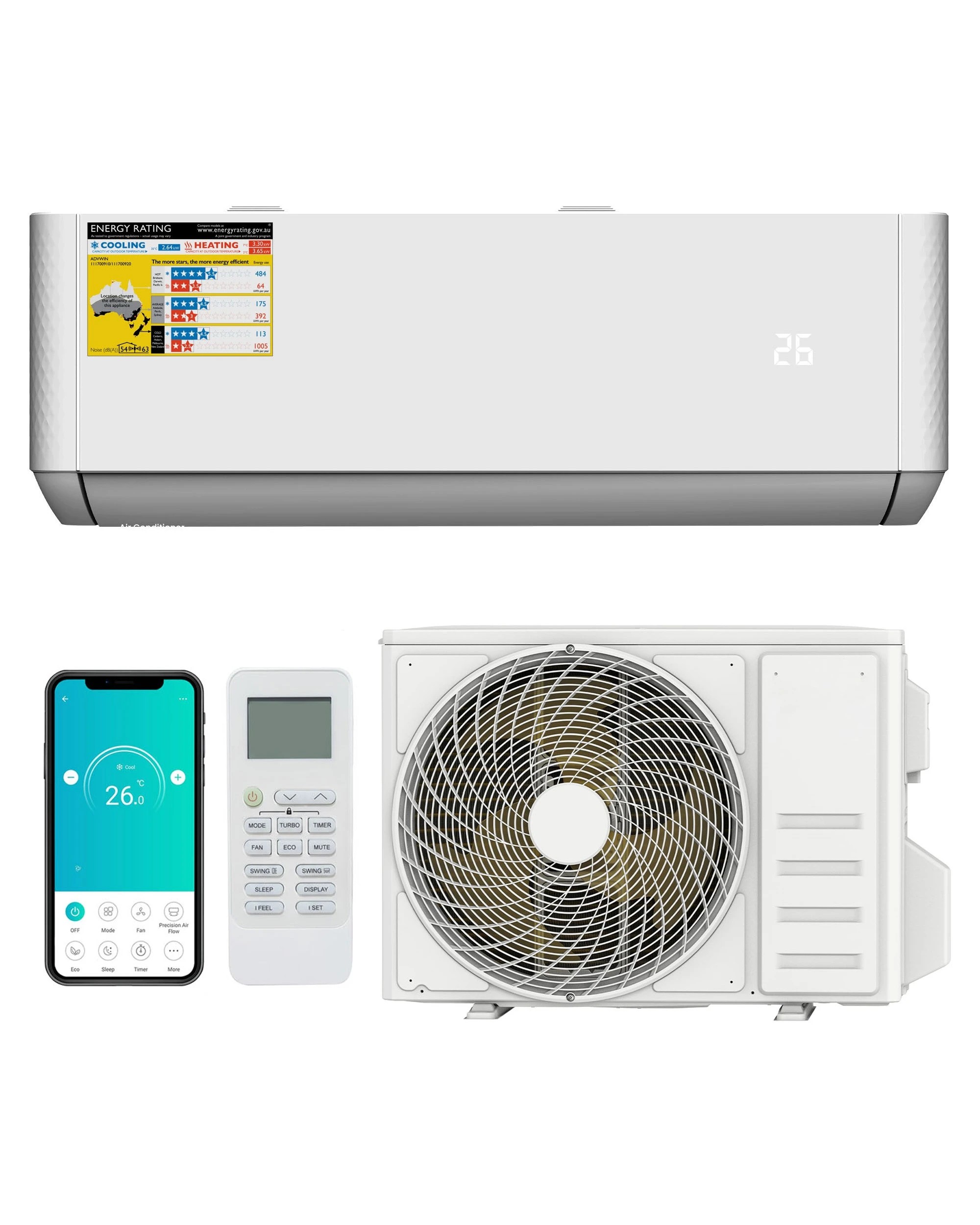1 Advwin 2.64Kw Inverter Split Air Conditioner Reverse Cycle APP Control - White, 1 of 10