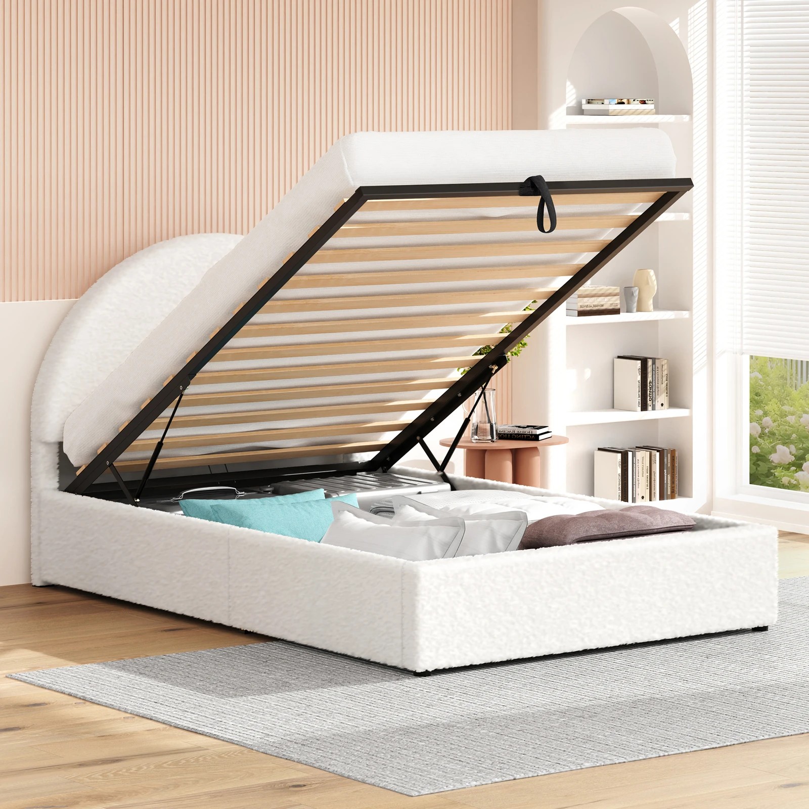 4 Alfordson Bed Frame Single Size Arched Base Gas Lift Storage Boucle Hoult - White, 4 of 10