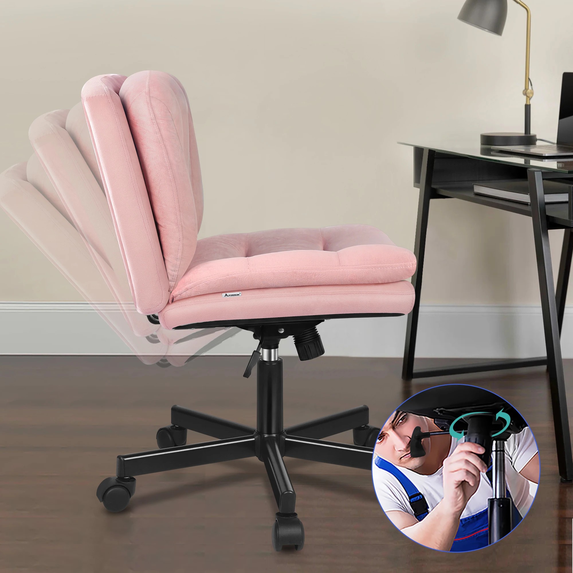 4 Alfordson Armless Office Desk Chair Mid Back Wide Seat w/ Wheels Velvet - Pink, 4 of 8