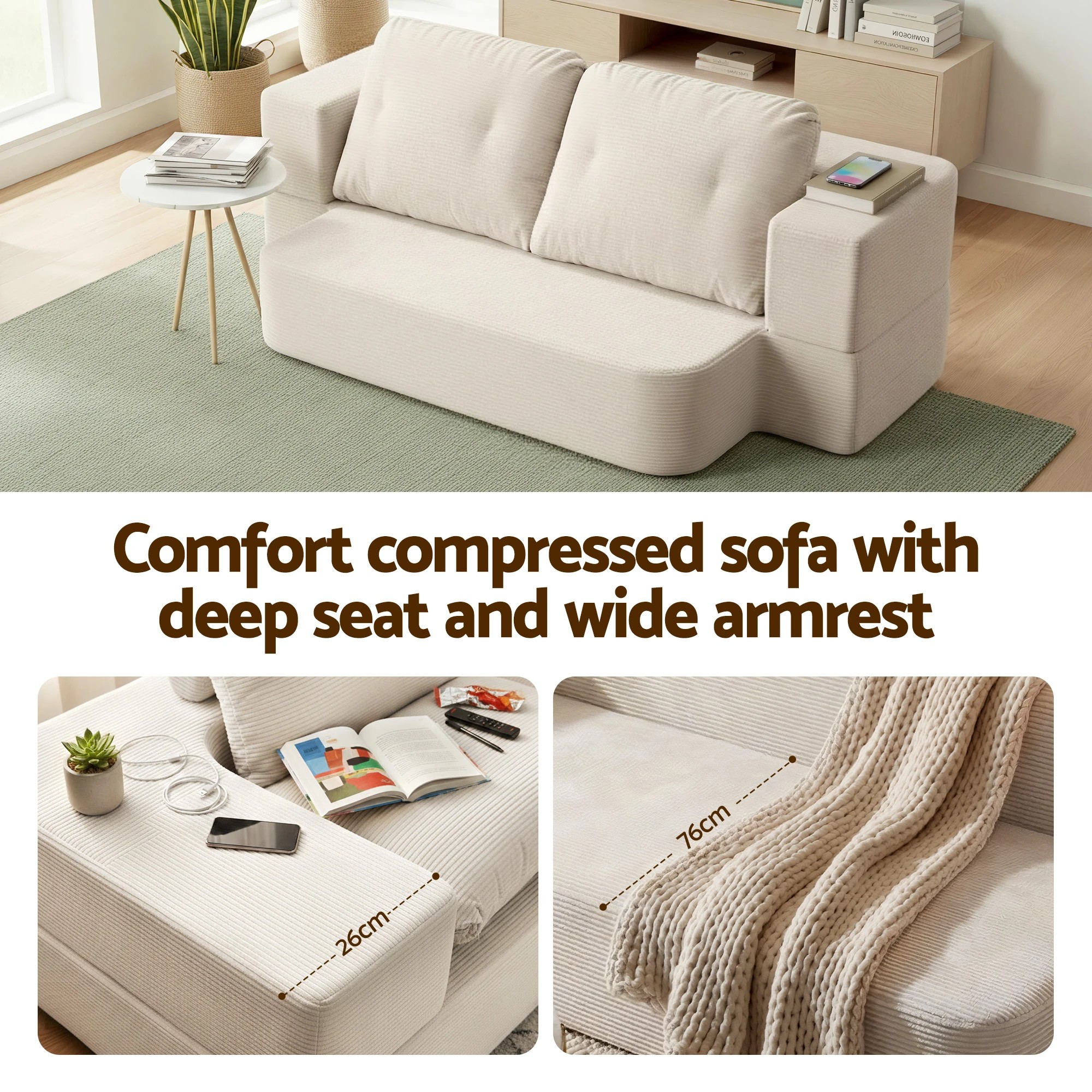 5 Artiss Convertible Folding Sofa Bed Boneless Couch Corduroy Sleeper Lounger for Living Room - Beige, 5 of 10