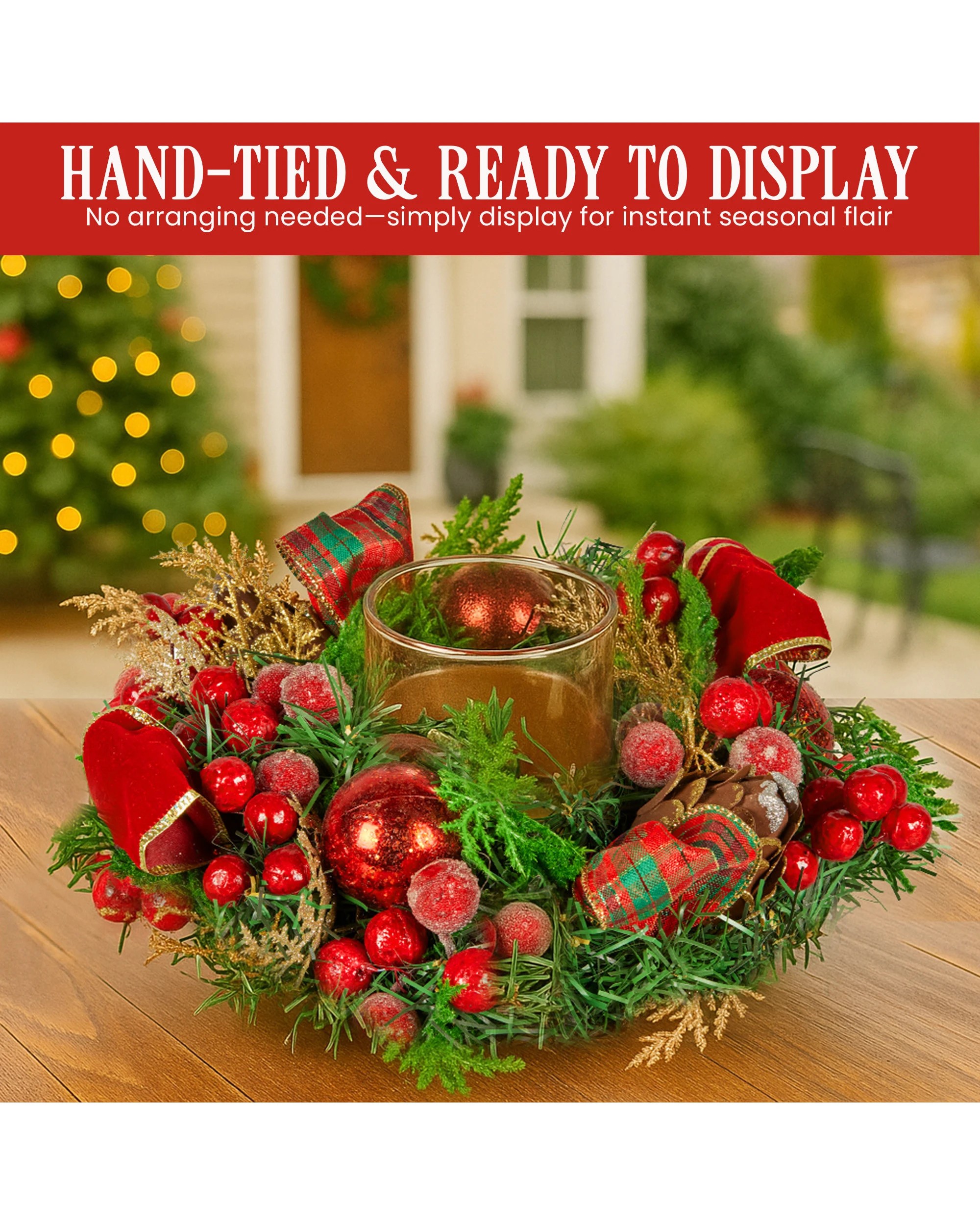 6 Christabelle 26cm Christmas Centrepiece Lush Green Decor Berries And Baubles, 6 of 6