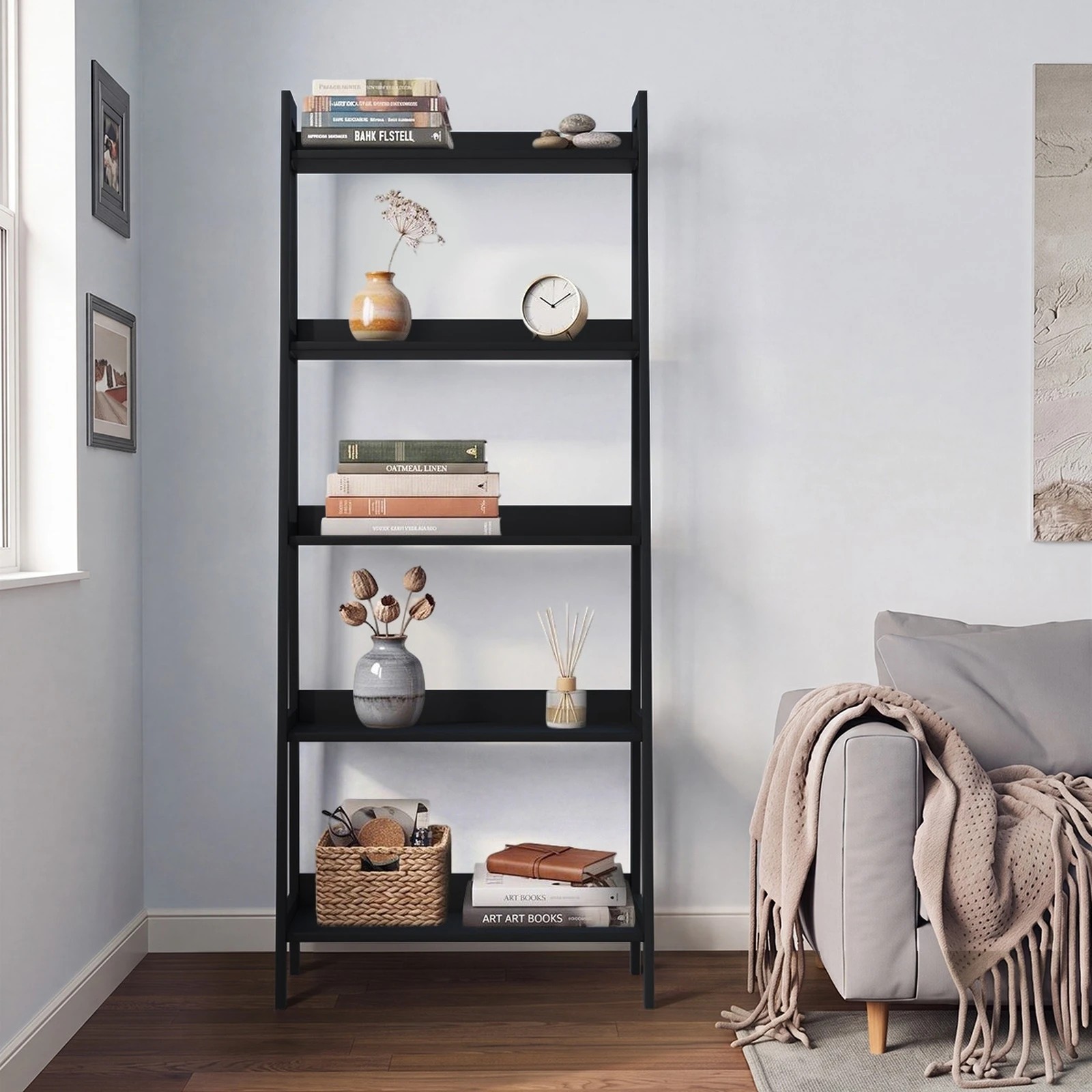 3 Oikiture Bookshelf 5 Tier Corner Ladder Shelf Home Storage Display Rack - Black, 3 of 8