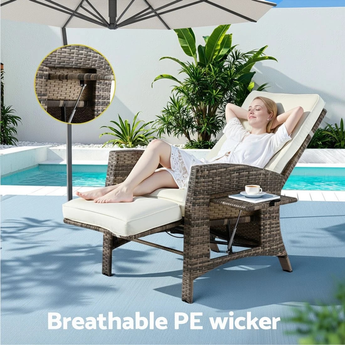 3 Gardeon Outdoor Recliner Chairs Sun lounge Wicker Lounger Patio Furniture Adjustable - Natural, 3 of 6