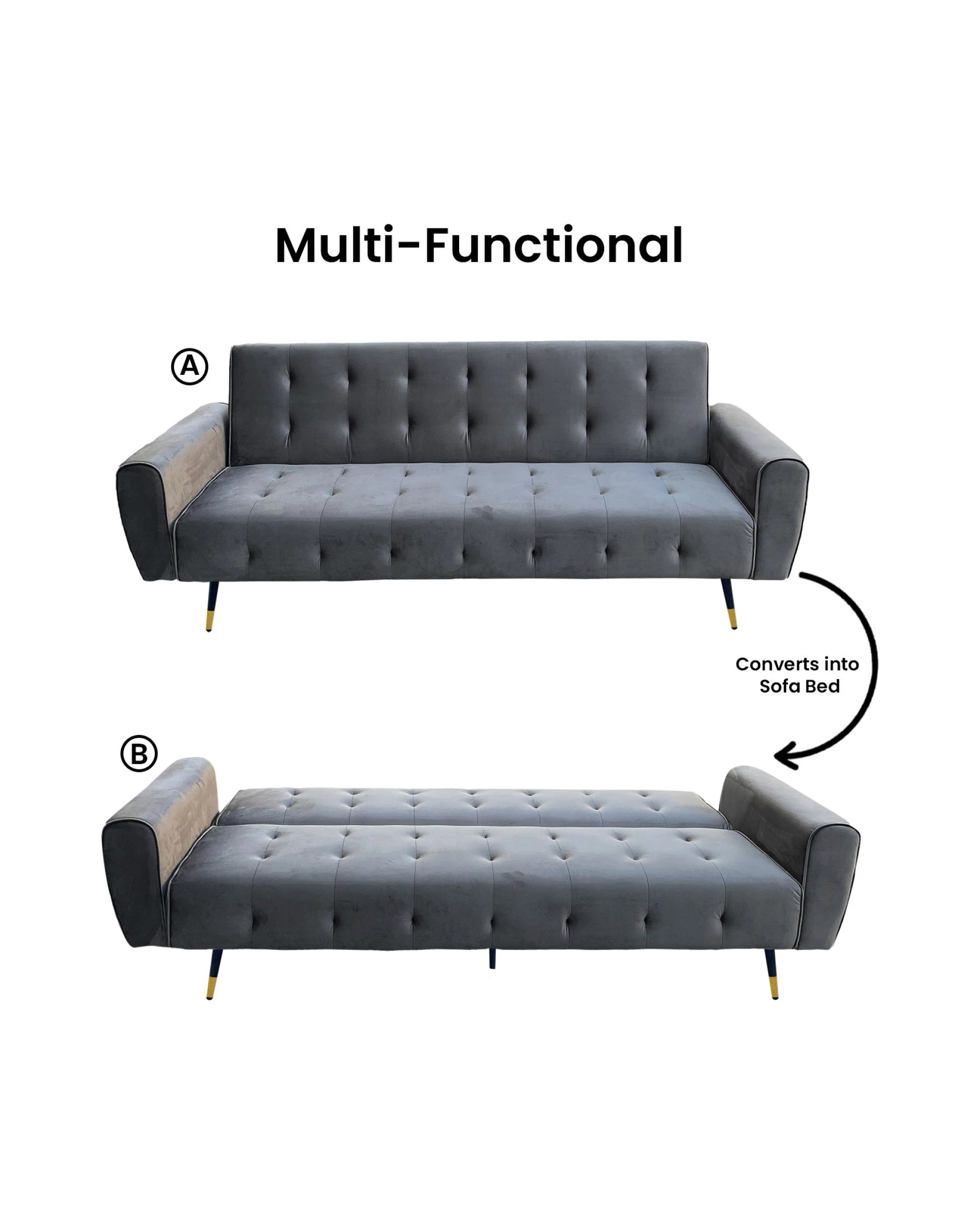 7 Ava Tufted Velvet Sofa Bed By Sarantino - Dark Grey, 7 of 9
