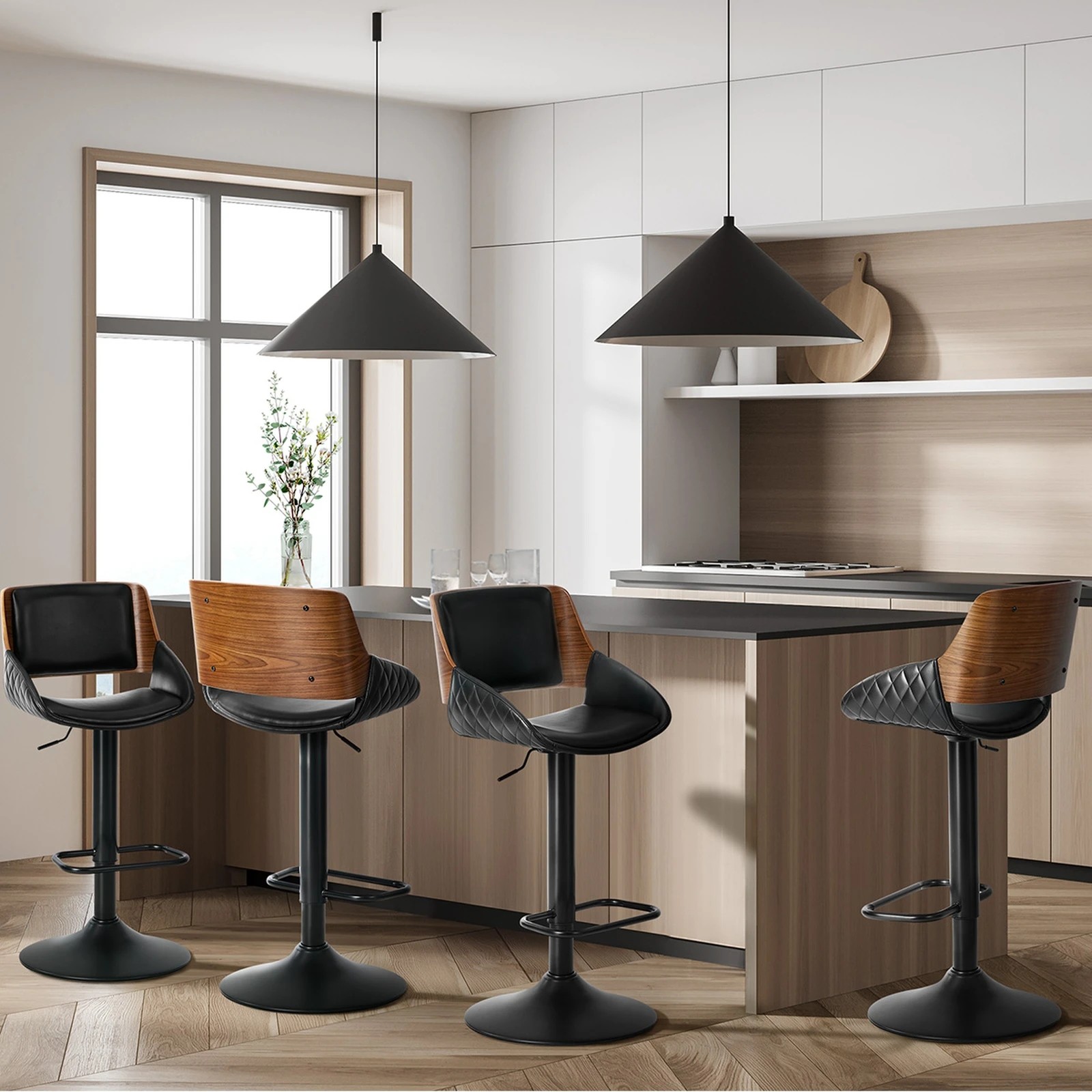 4 Oikiture 4x Bar Stools Kitchen Dining Chairs Swivel Gas Lift Stool Leather Black - Black, 4 of 7