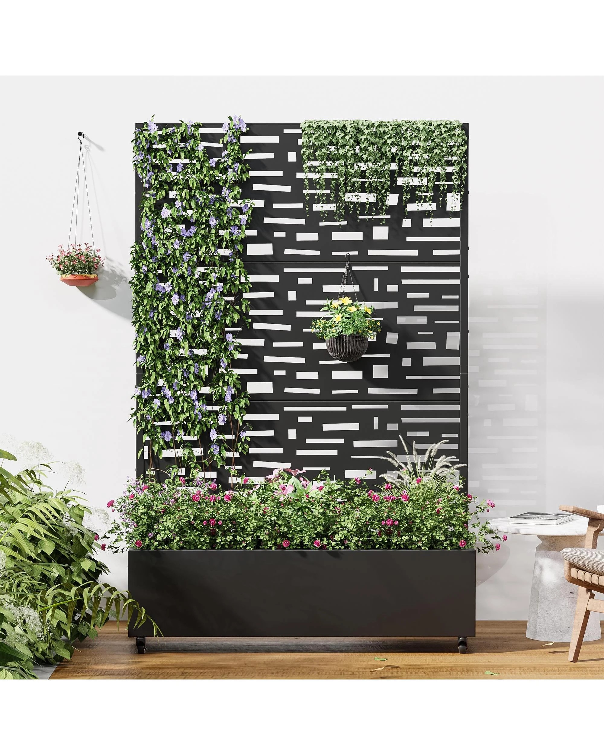 2 OAKORY 180cm Metal Planter Box with Privacy Screen and Lockable Wheels, Drainage Hole Outdoor Geometric - Black, 2 of 5