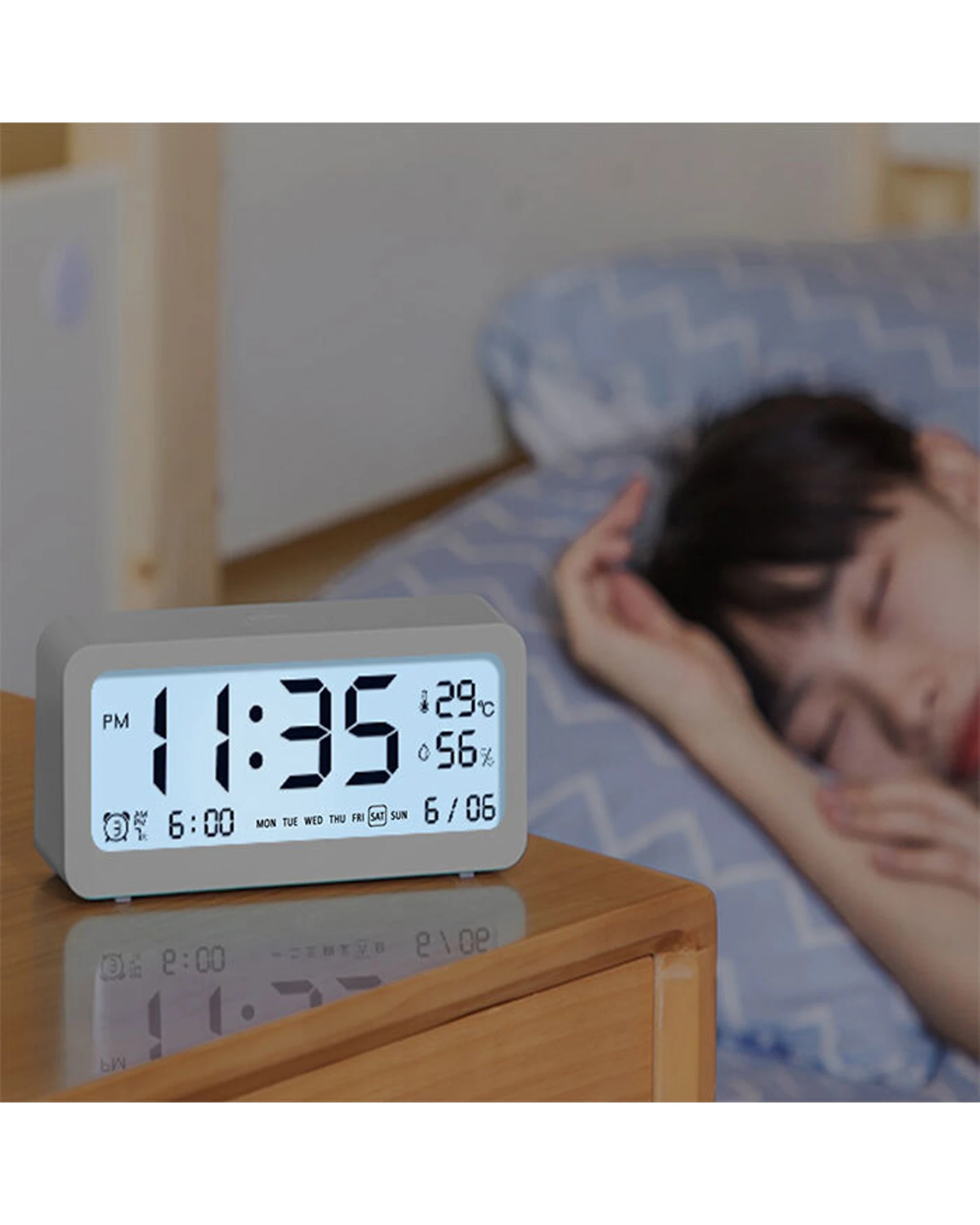 4 Sansai LED LCD Digital 12/24h Alarm Snooze Clock Date Temperature 5.2 Inch - White, 4 of 5
